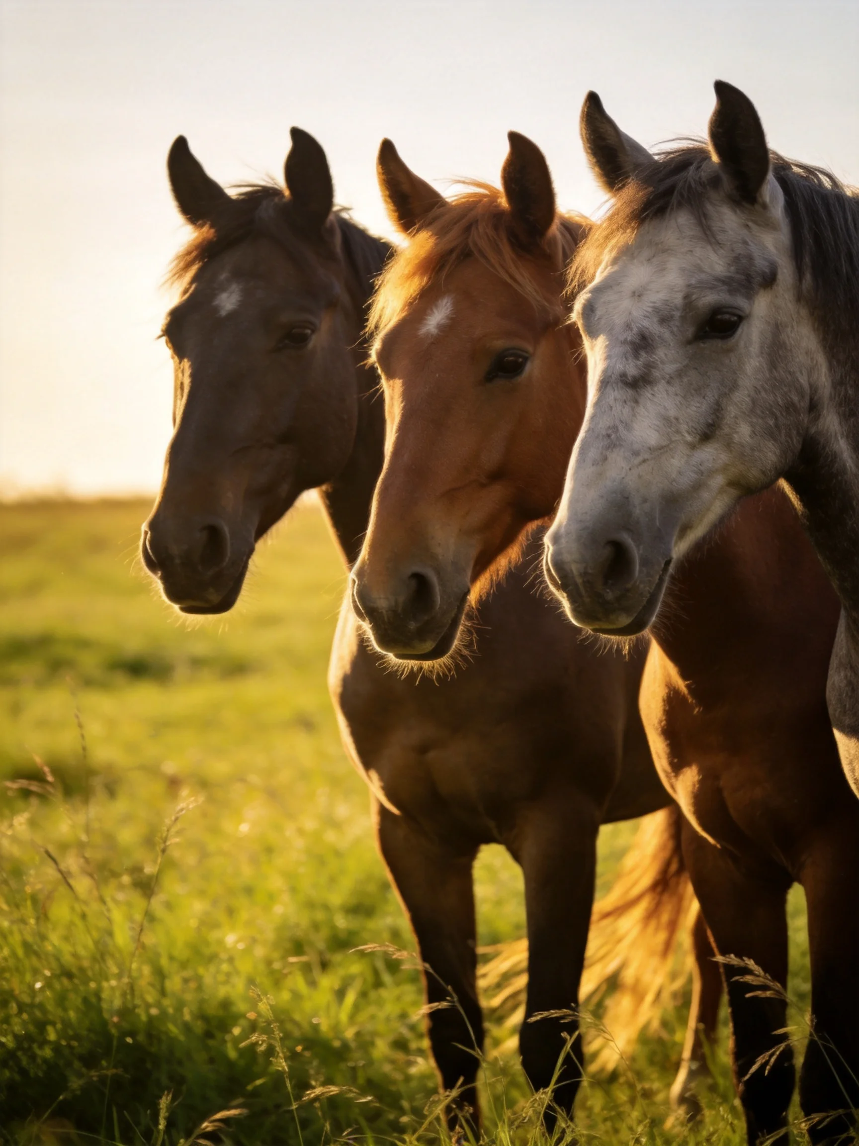 Three horses of varying shades gather in a sunlit open field.