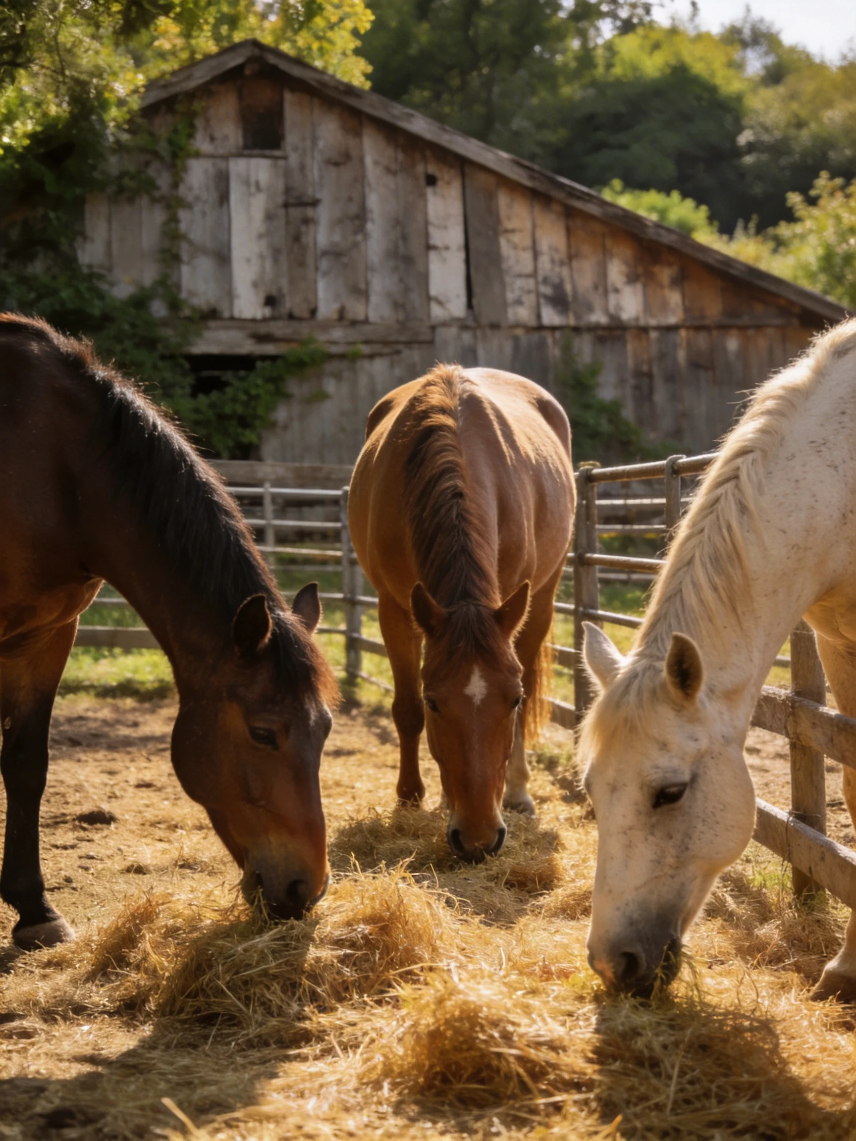 Three horses of brown, tan, and white graze near an old wooden barn