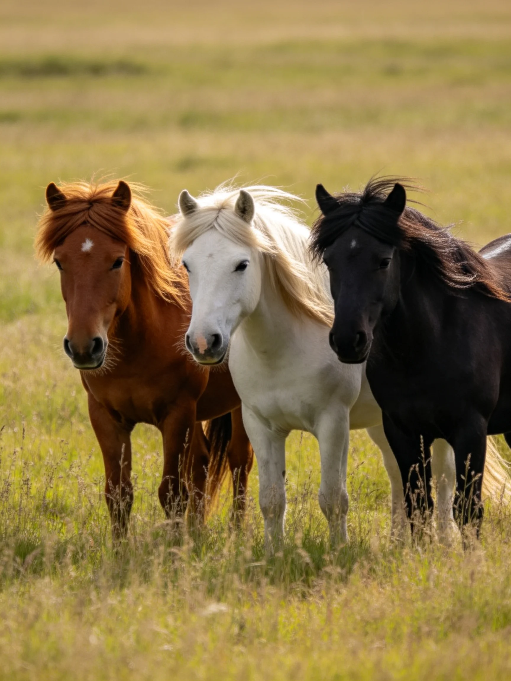 Three differently colored horses gather closely on a grassy plain.