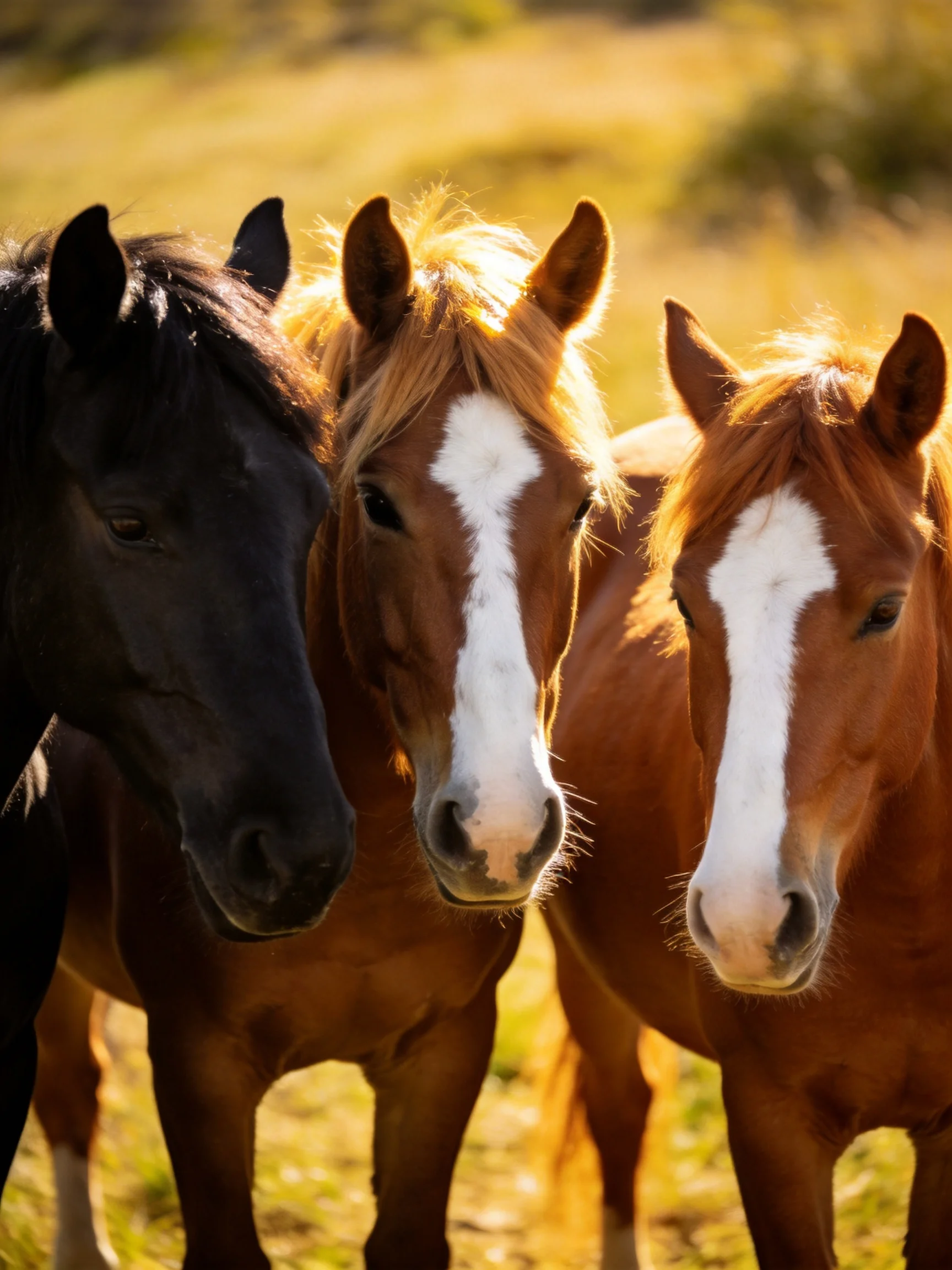 Three horses of diverse coat colors stand together in a sunlit field