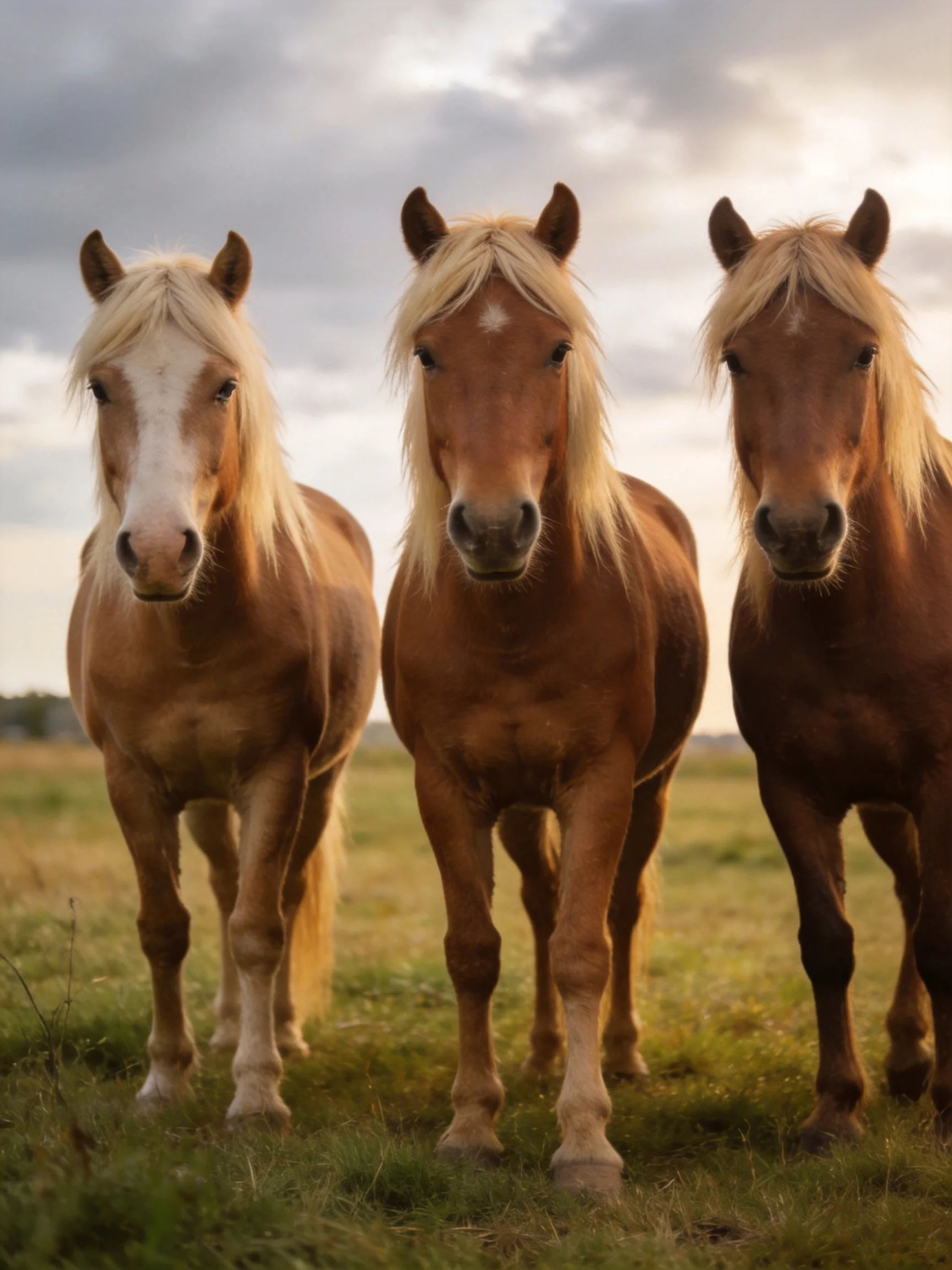 Three horses of varied browns and creams stand in a sunlit meadow under cloudy skies