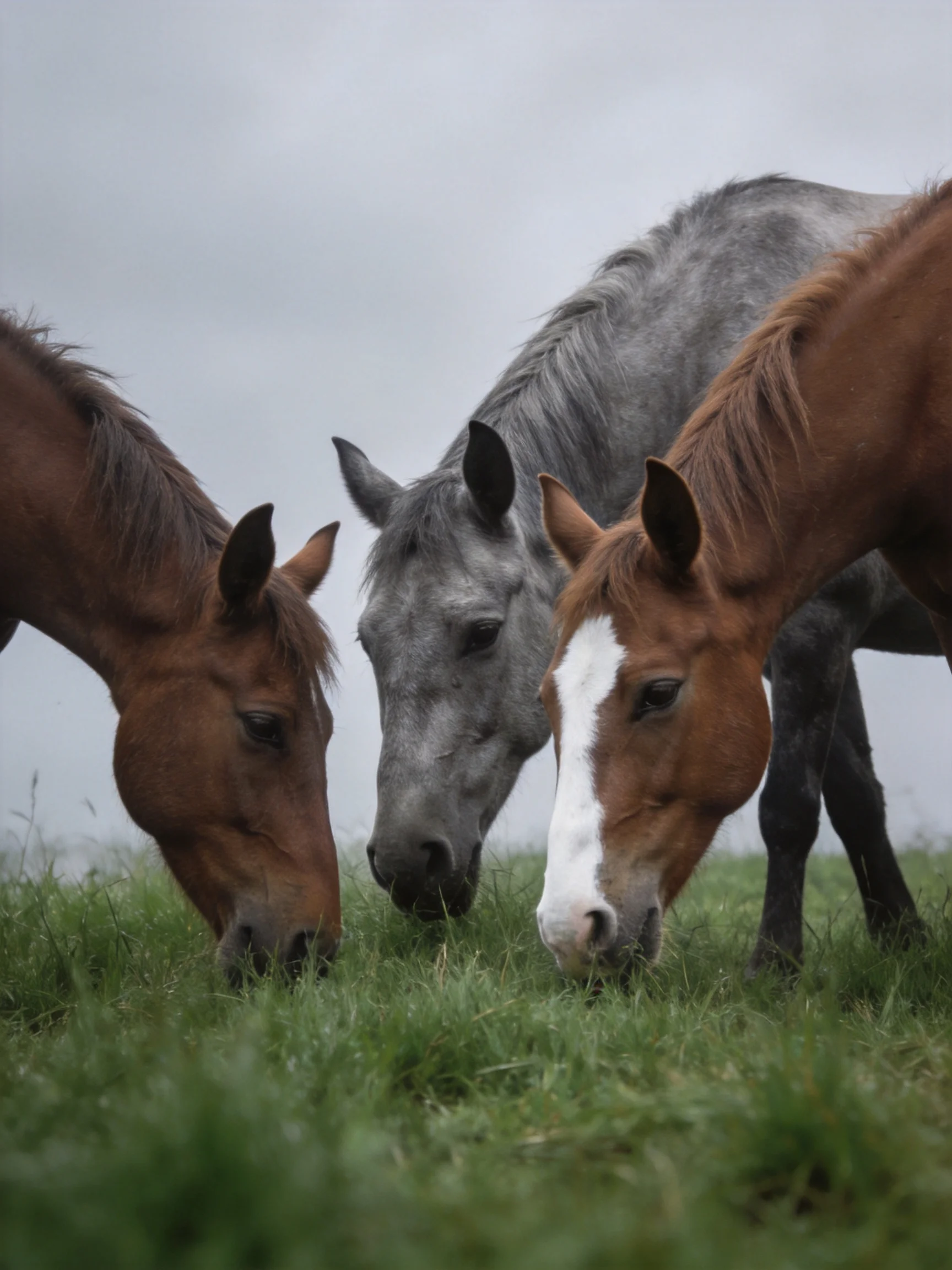 Three horses graze closely together in a grassy area