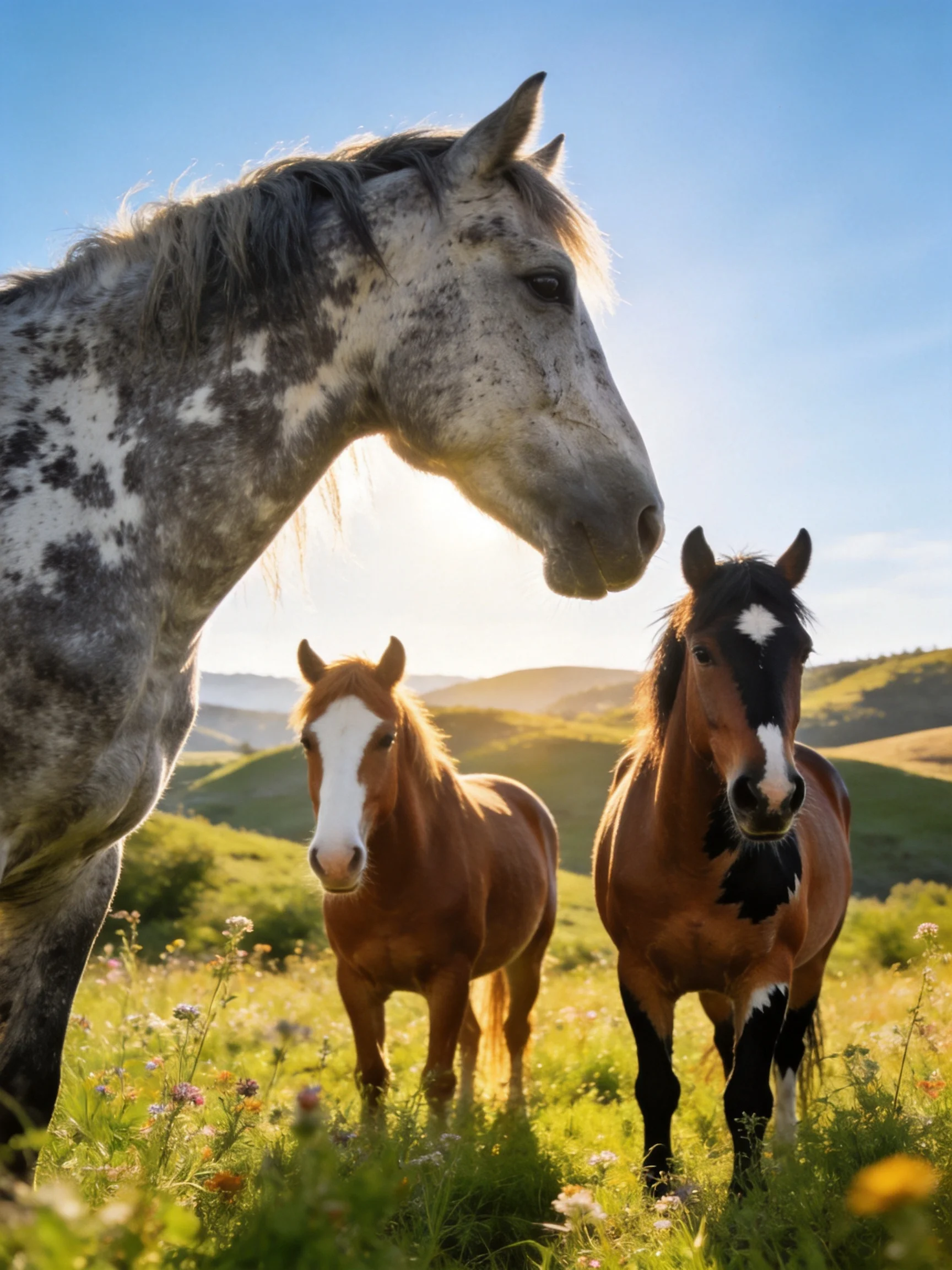 Three horses stand together in a sunlit meadow near rolling green hills.