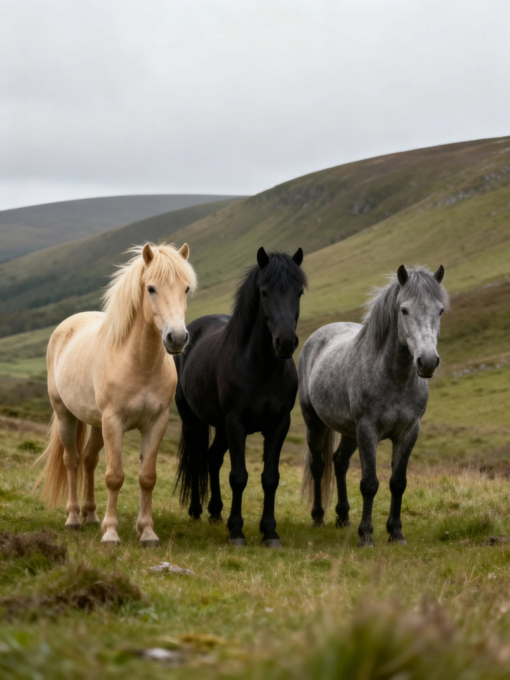 Three horses of varied colors stand in a grassy field near rolling hills