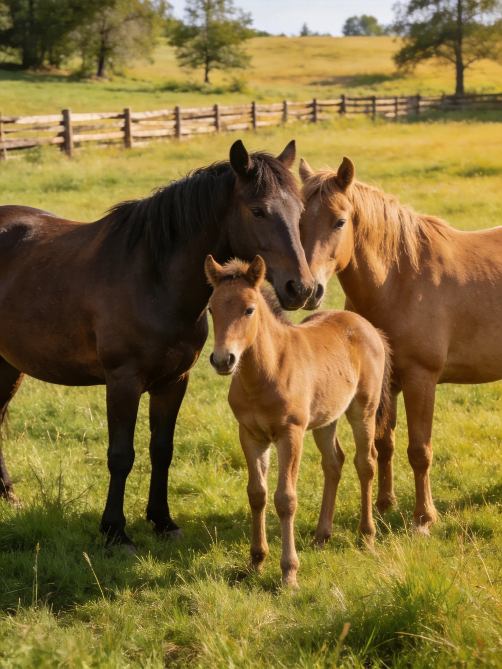 Three horses of varied hues stand together in a sunlit pasture