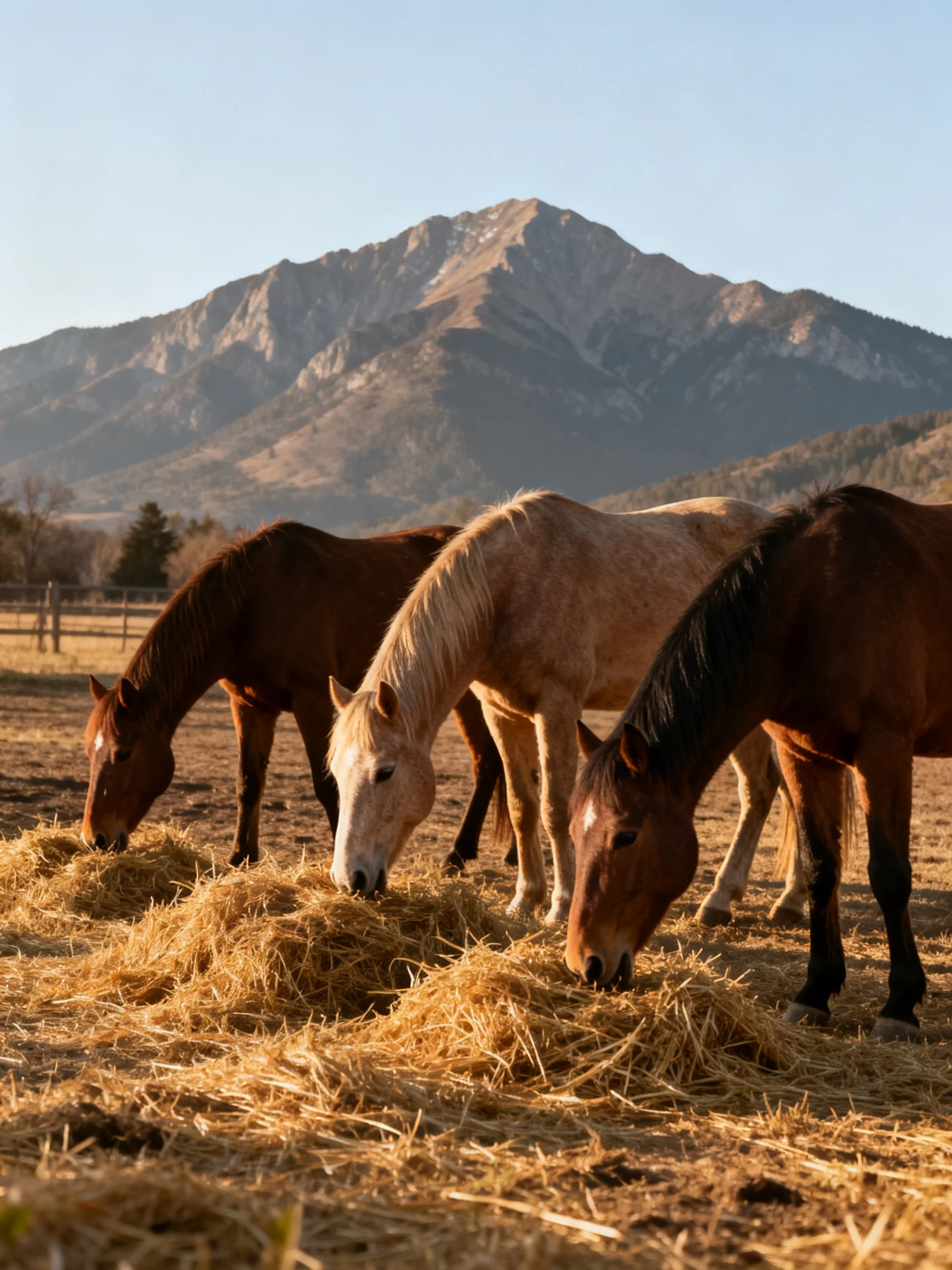 Three horses of various colors eat golden hay beside a large mountain