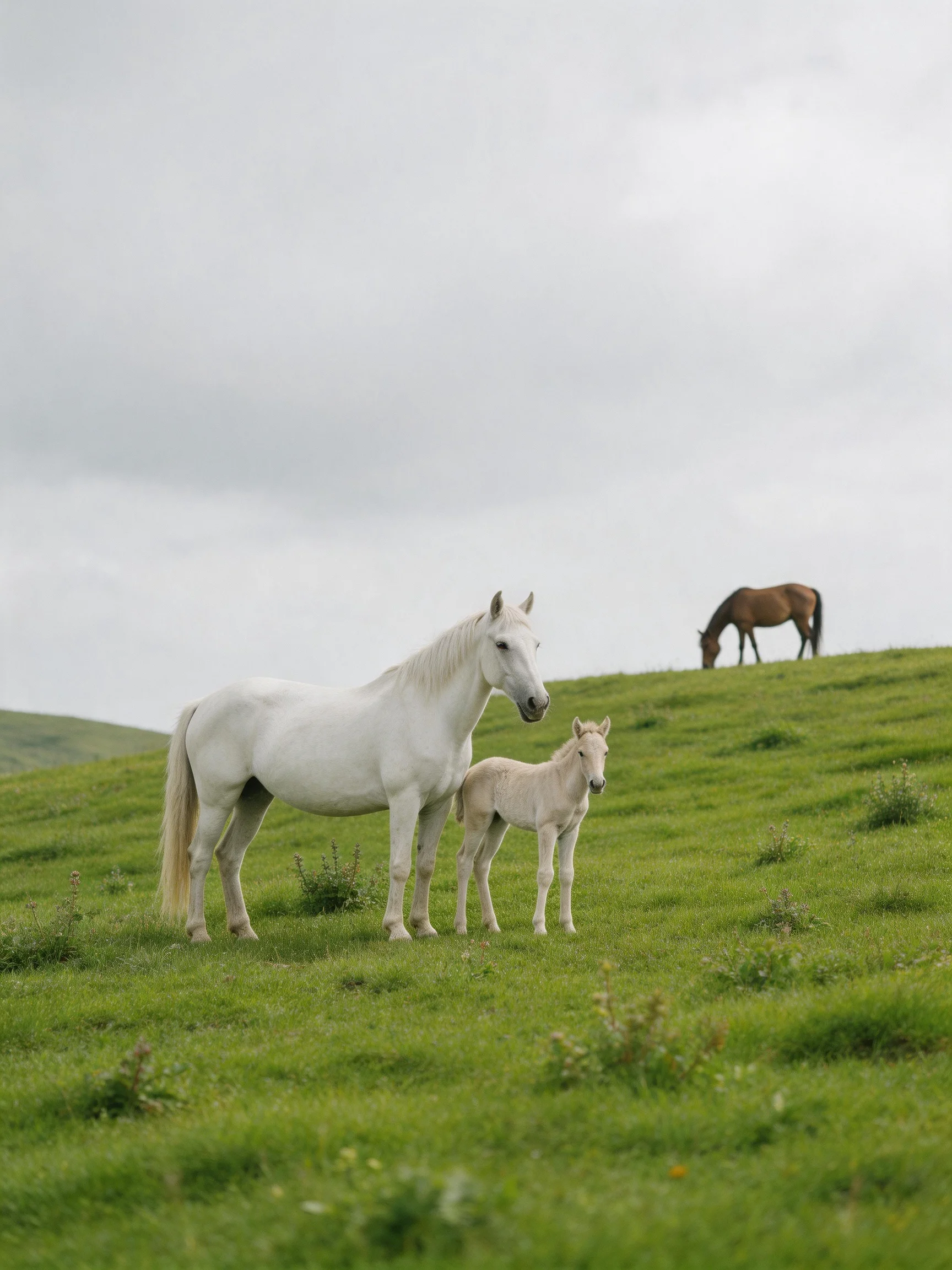 Three horses of varying shades graze on a verdant hillside
