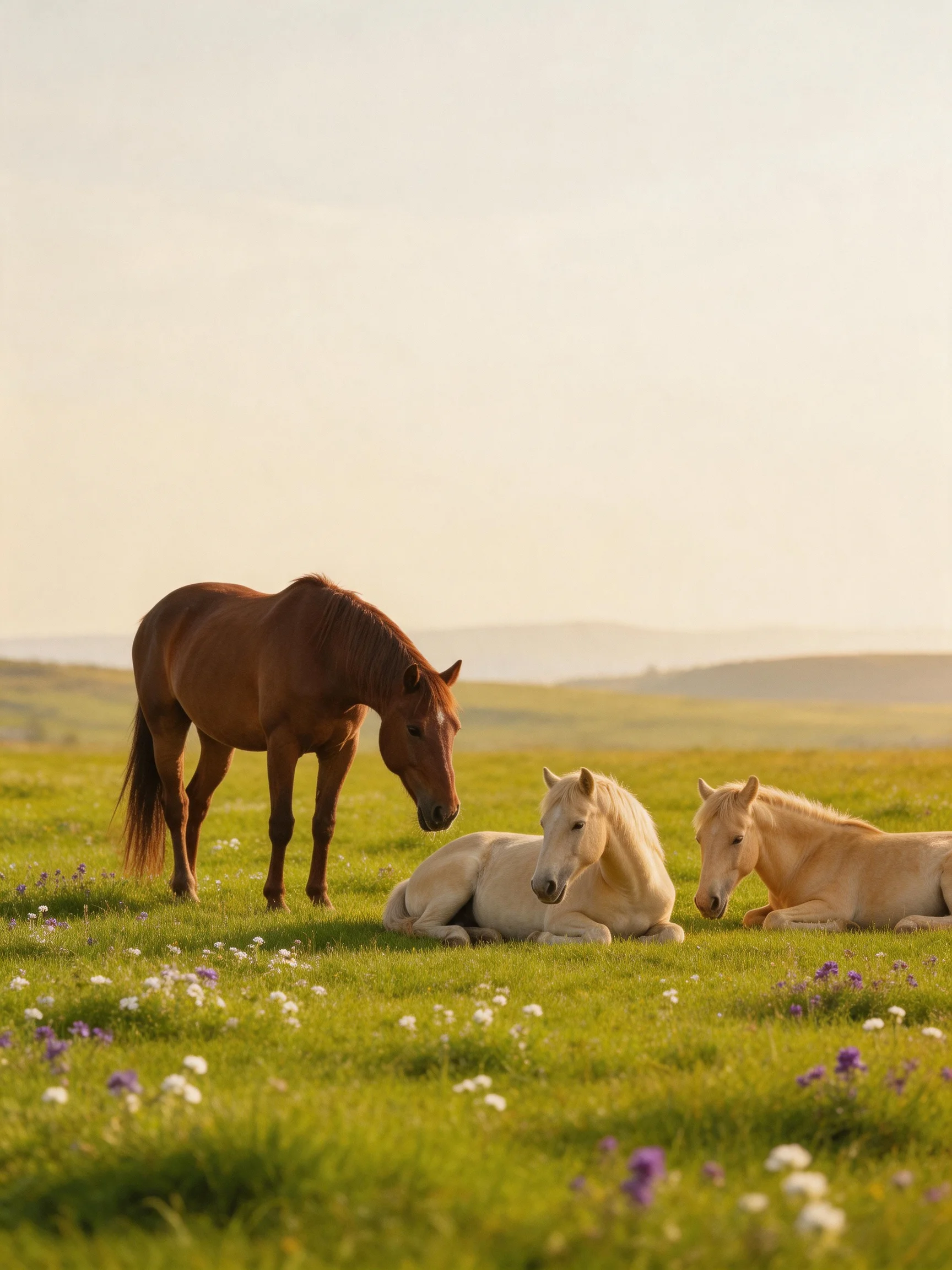 Three horses rest in a sunlit meadow with wildflowers