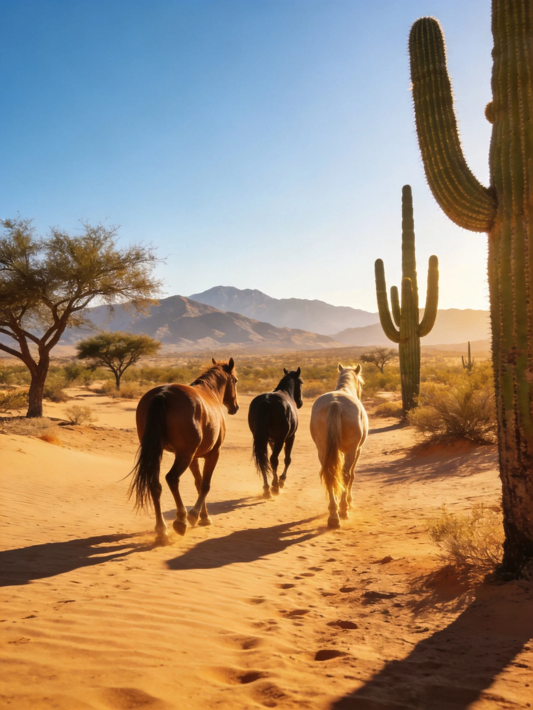 Three horses run through a golden desert with tall cacti