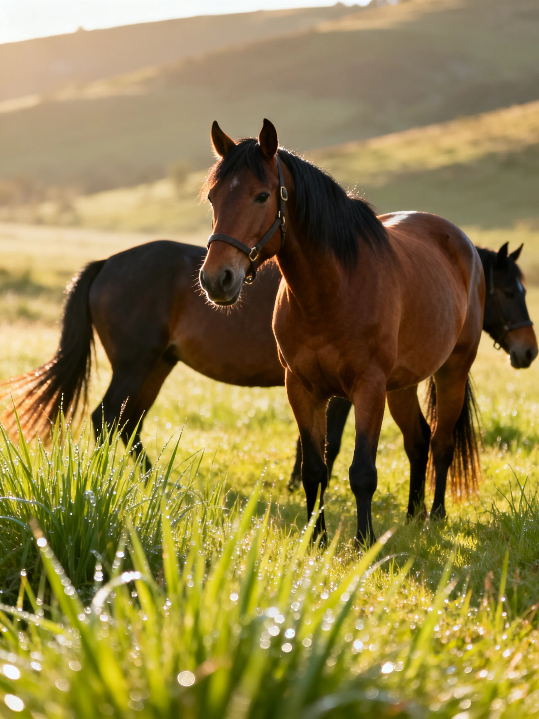 Three horses stand in a sun-drenched, dewy green pasture