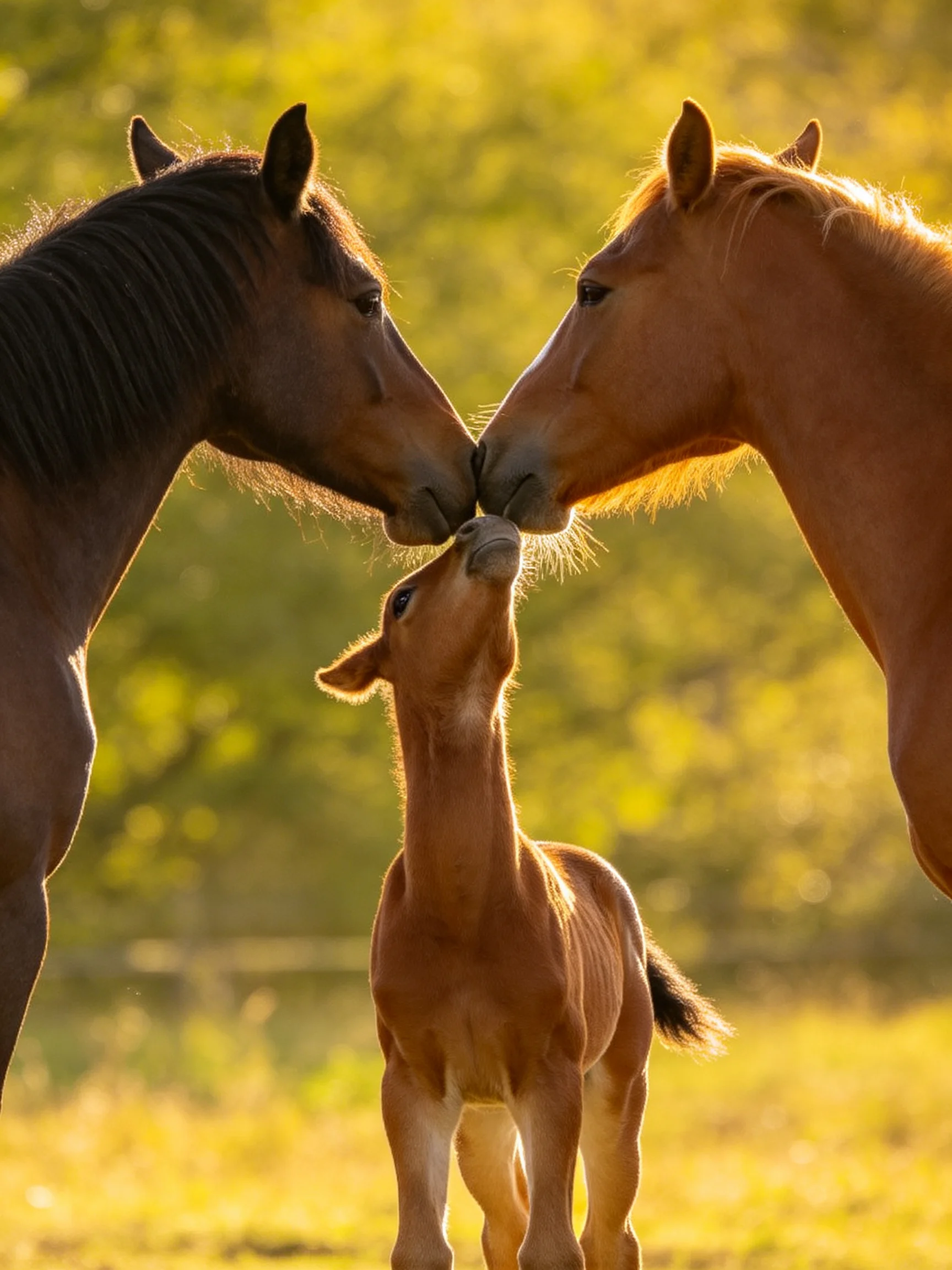 Three horses—two adults, one foal—nuzzle together in golden light