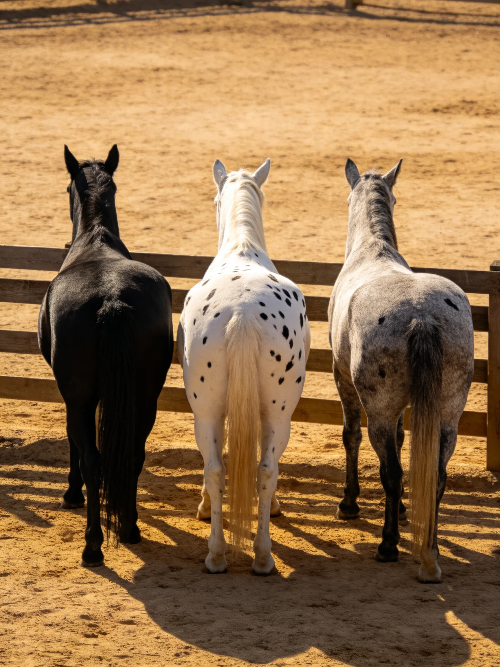 Three horses with distinct coat patterns near a wooden fence on sandy ground
