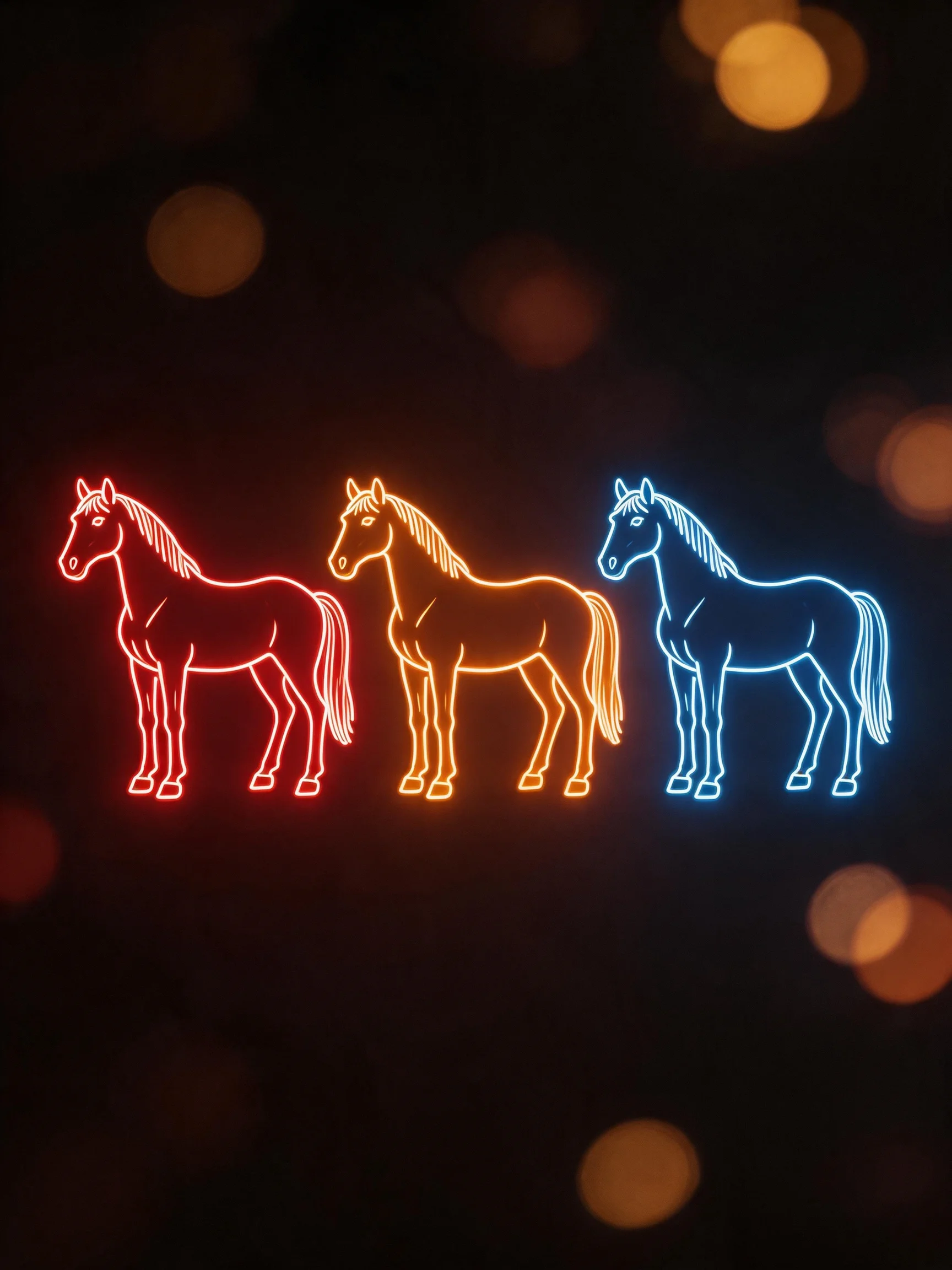 Three neon-outlined horses stand side by side on a dark background with bokeh lights.
