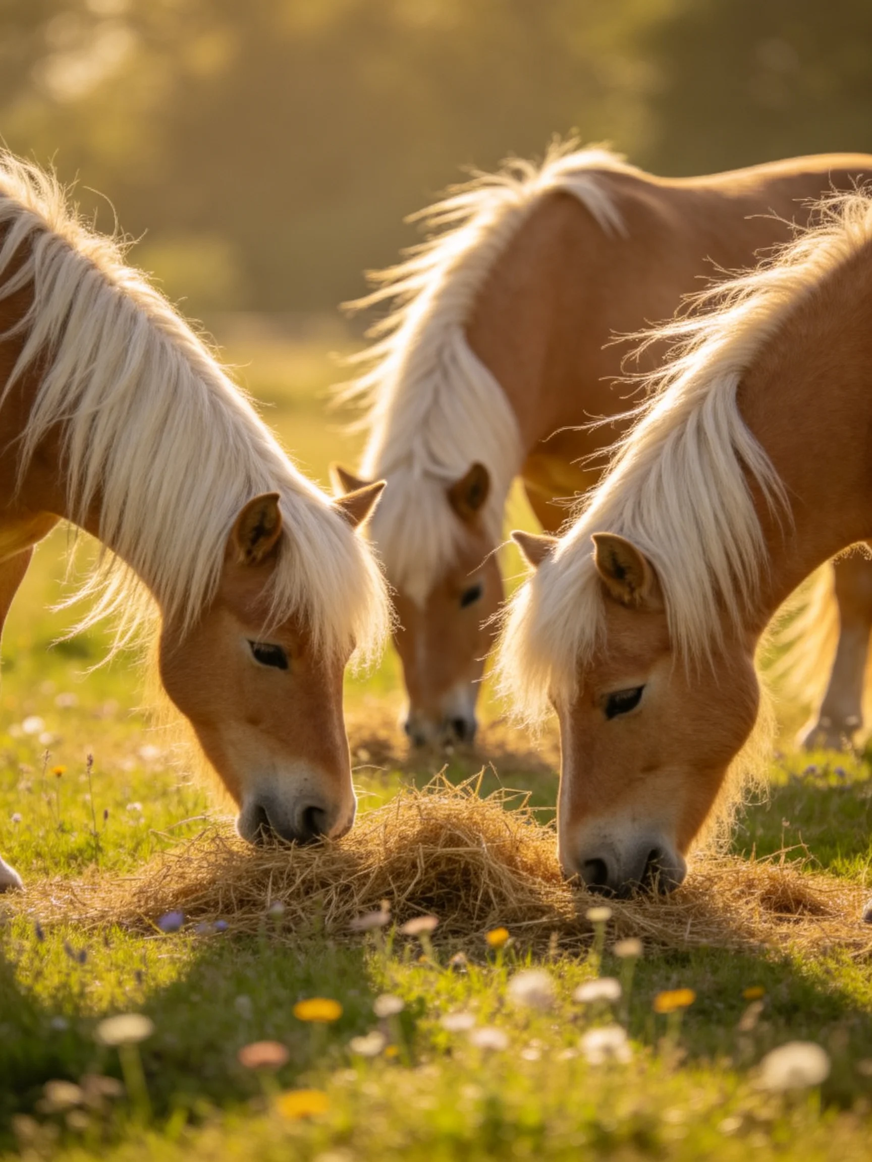 Three palomino ponies graze on hay in a sunlit meadow