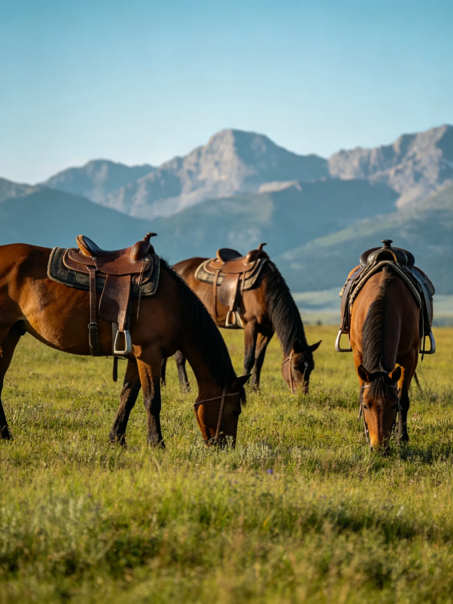 Three saddled brown horses graze in a lush green meadow with distant mountains