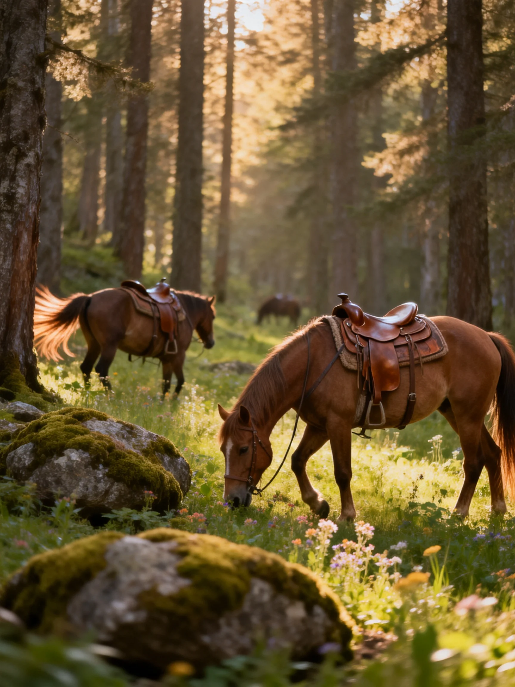 Three saddled horses graze in a sunlit forest clearing