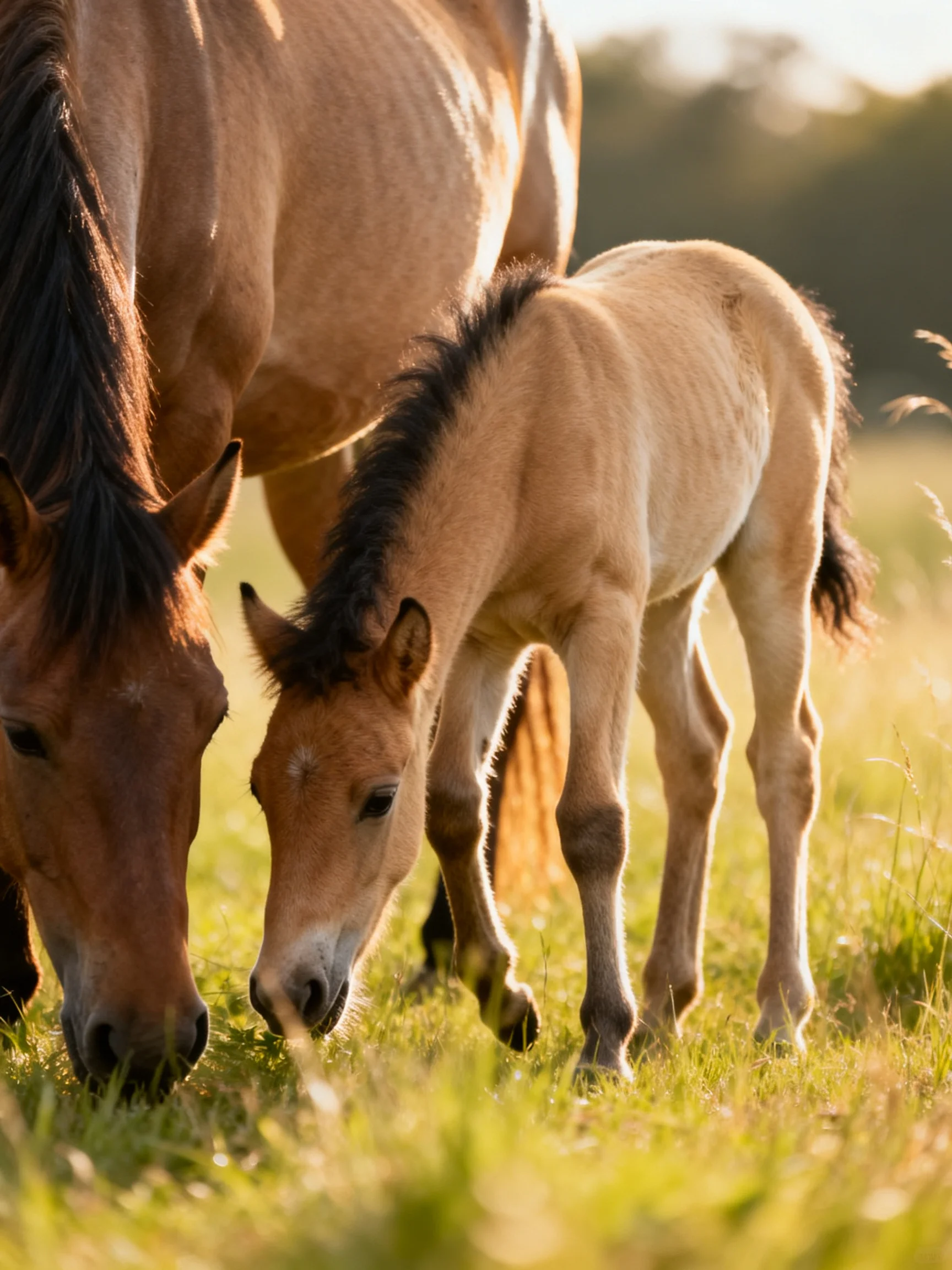Three tan and brown horses graze in a sunlit meadow