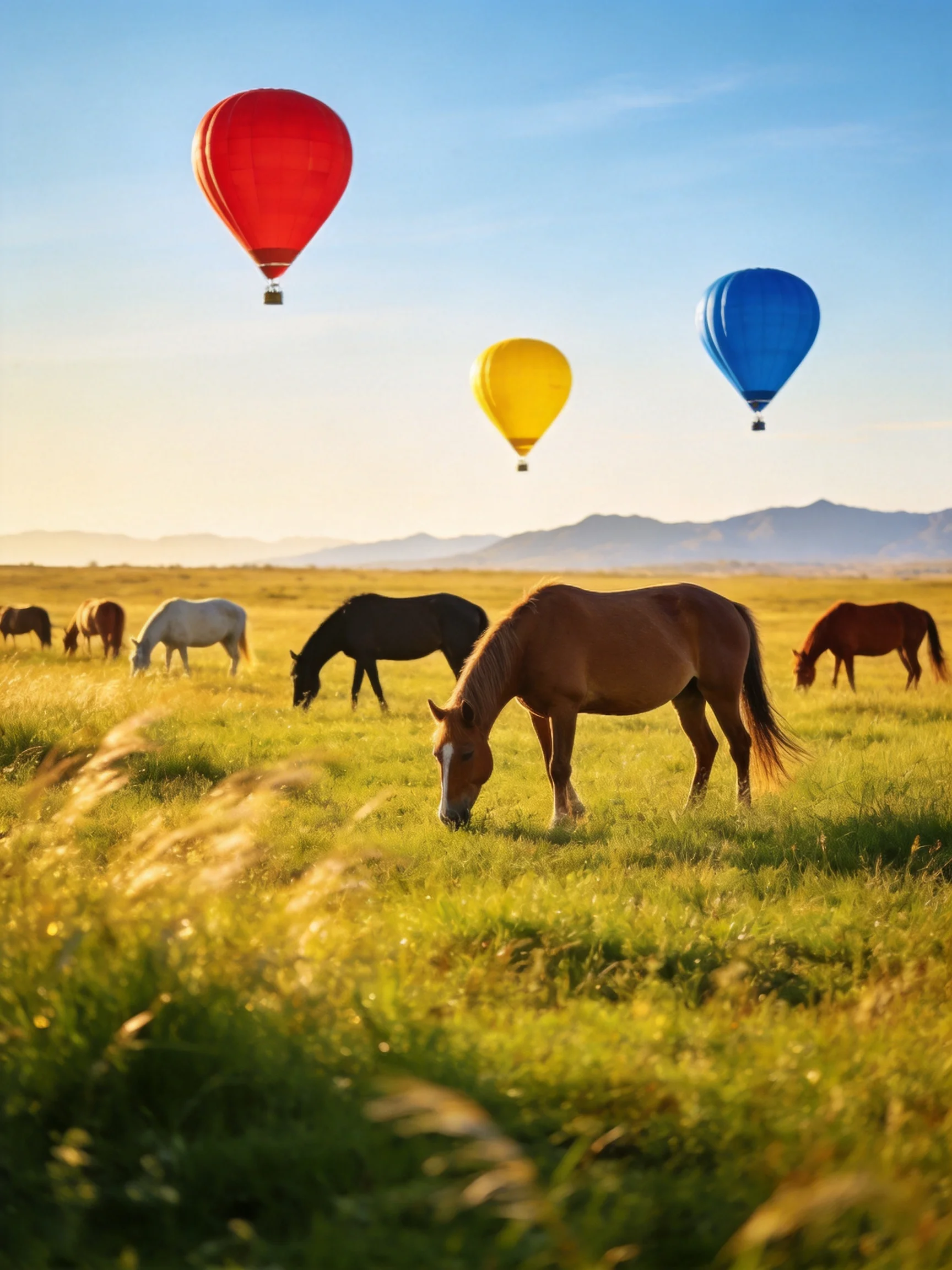 Three vibrant hot air balloons float above grazing horses in a sun-drenched field