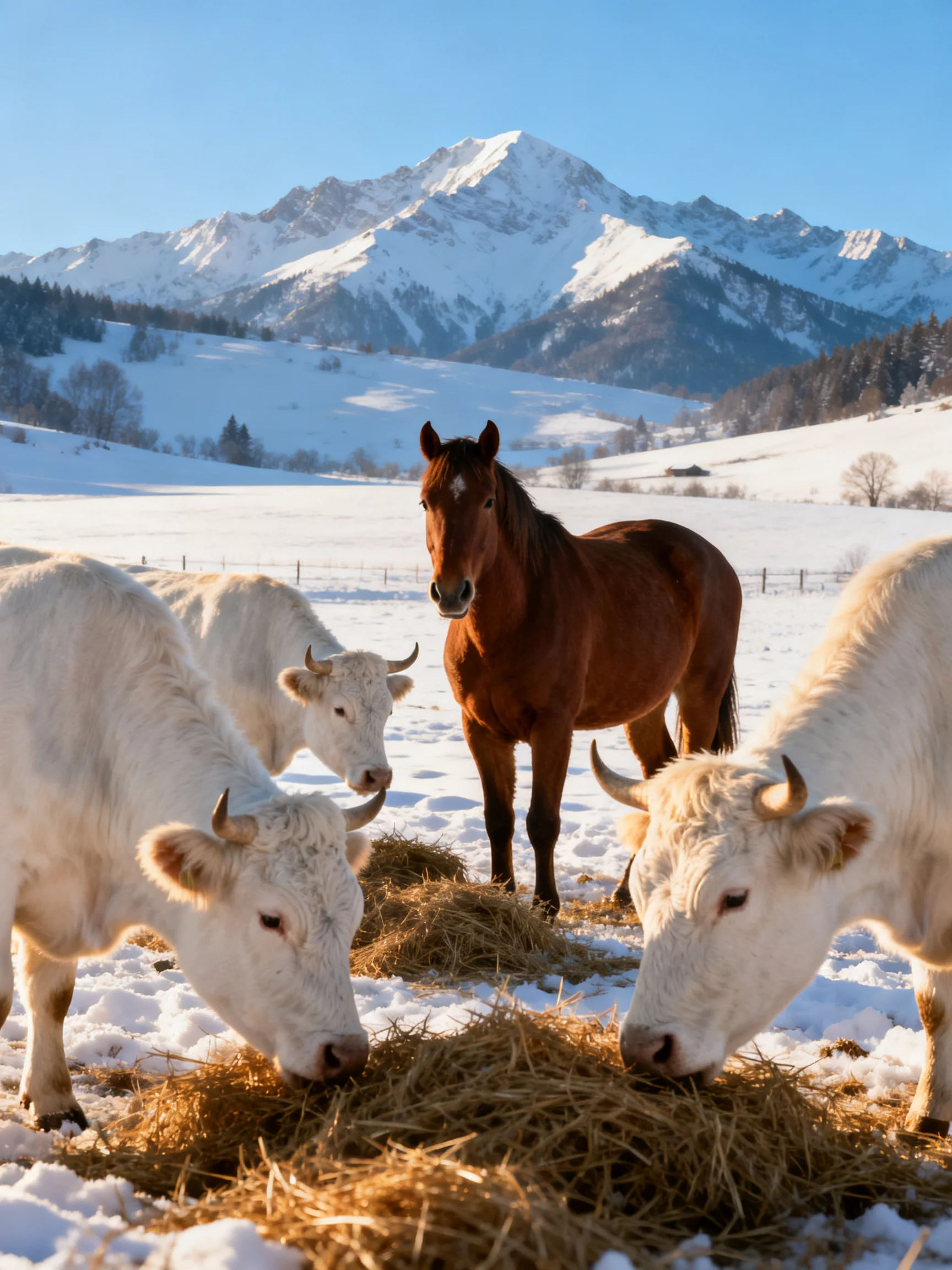 A brown horse stands beside three white cows feeding on hay amid snow-covered mountains.