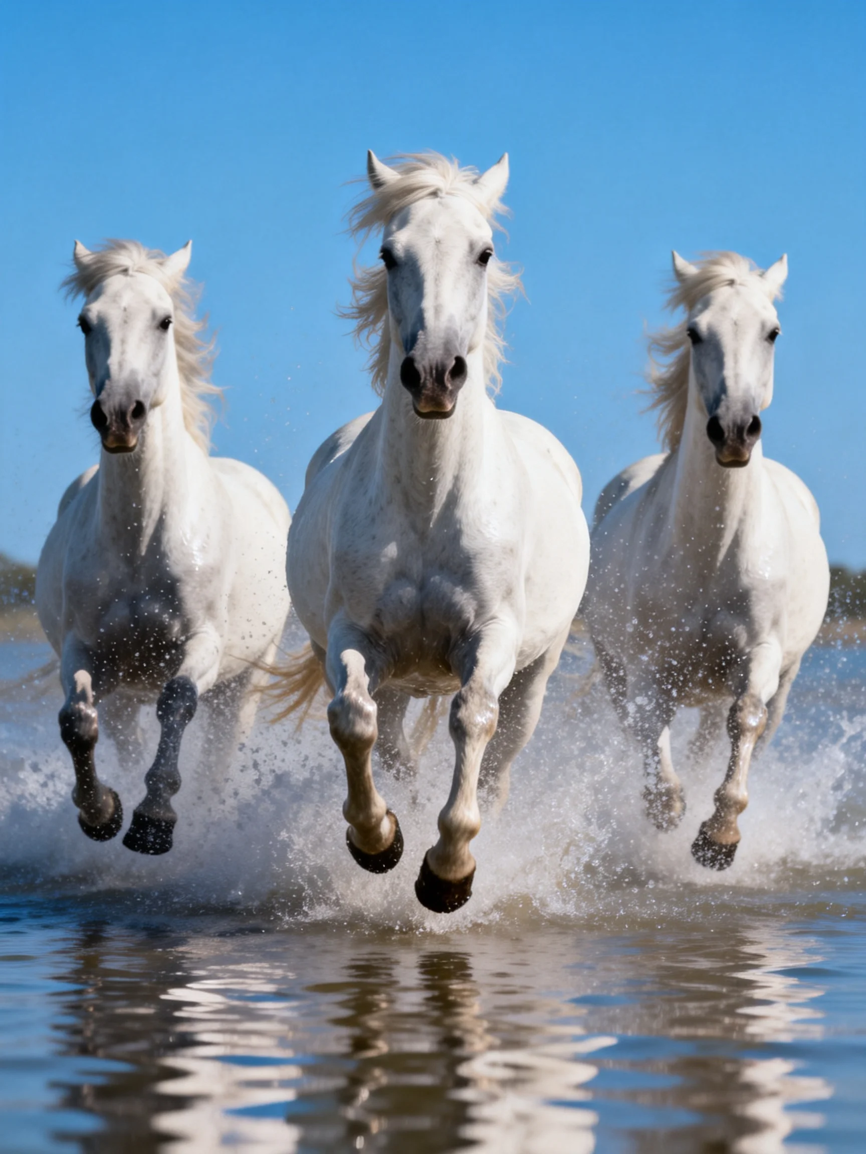 Three white horses gallop through splashing water under clear blue sky