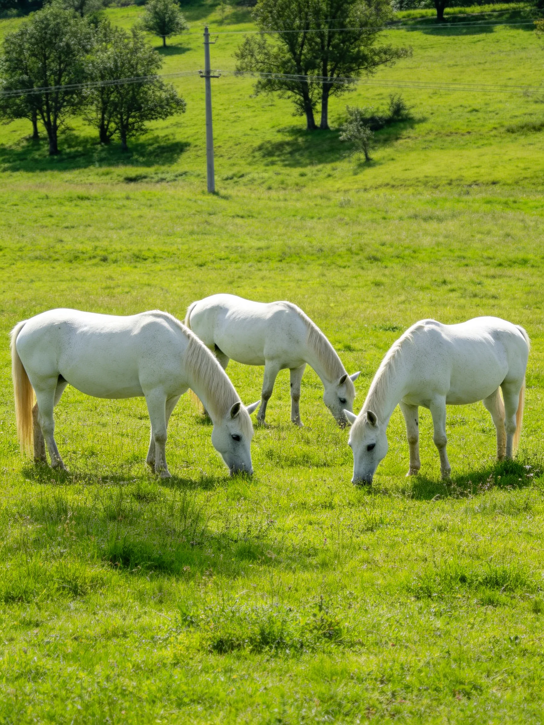 Three white horses graze in a lush green pasture with scattered trees