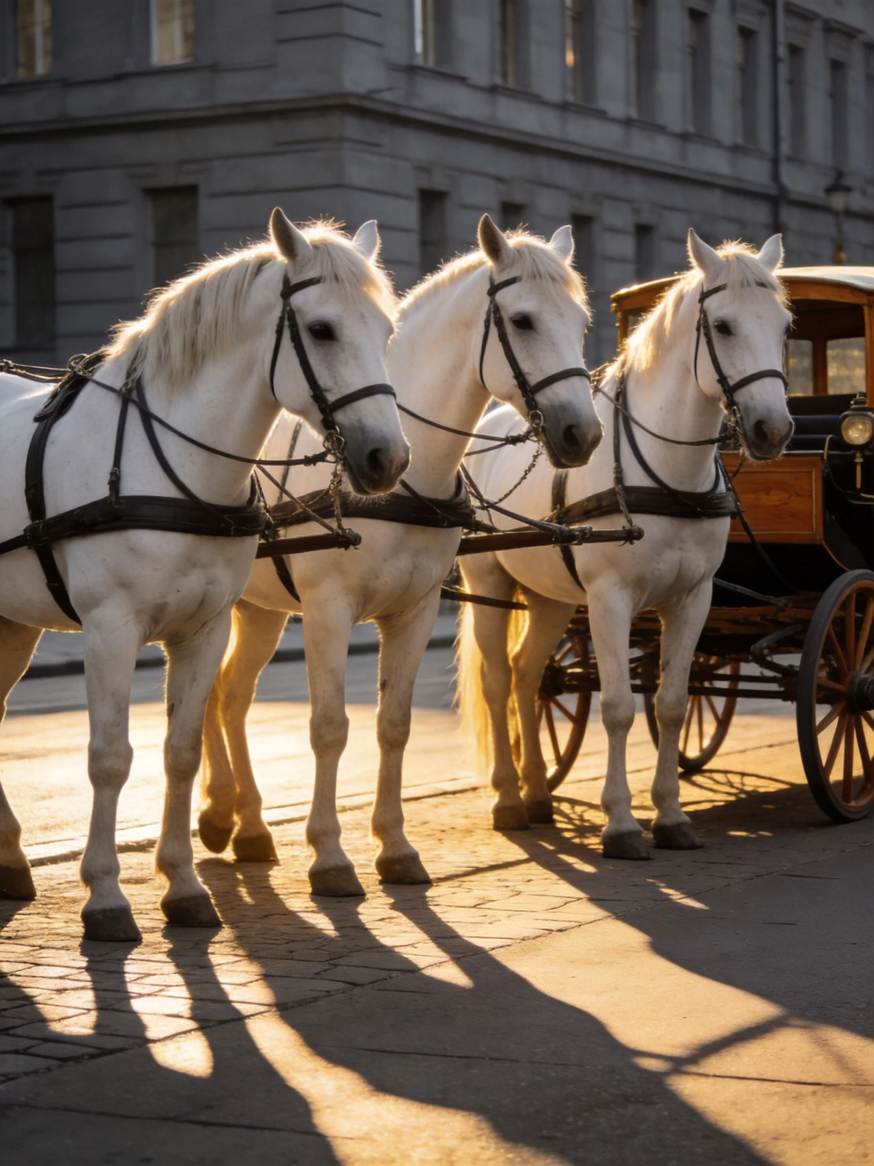 Three white horses harnessed to an old wooden carriage on a cobblestone street