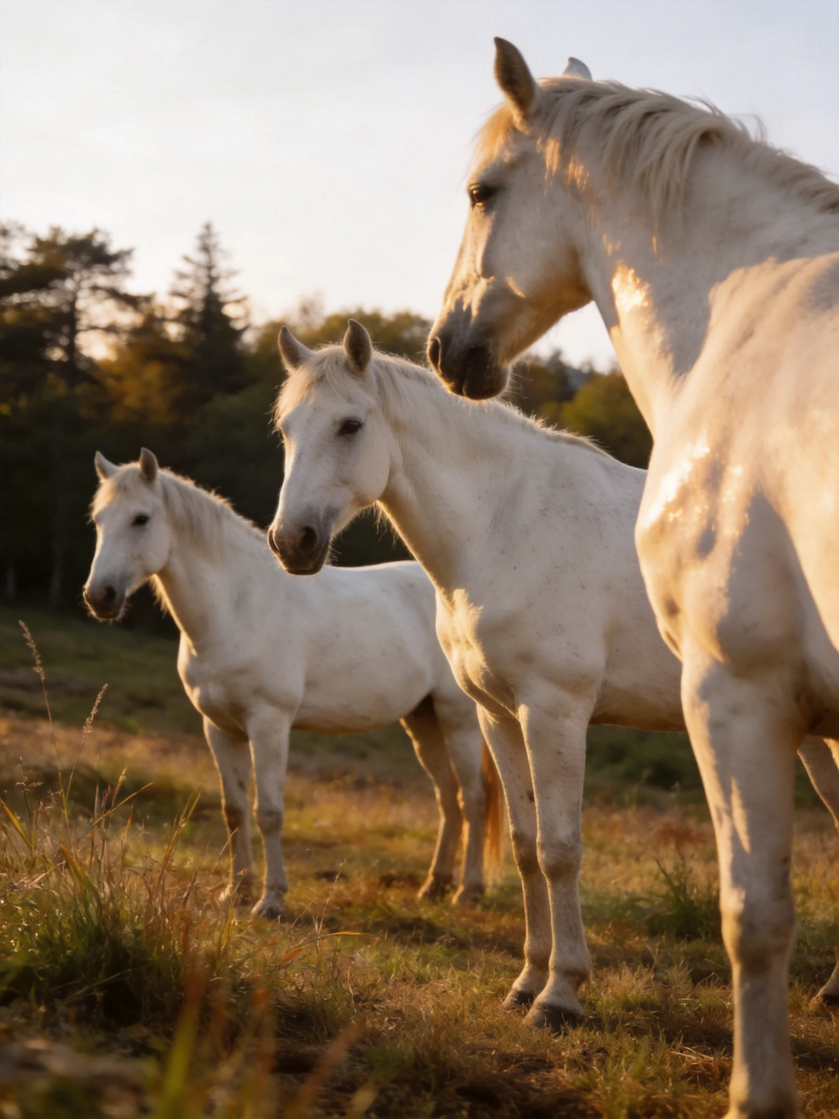 Three white horses stand in a sunlit grassy meadow near trees