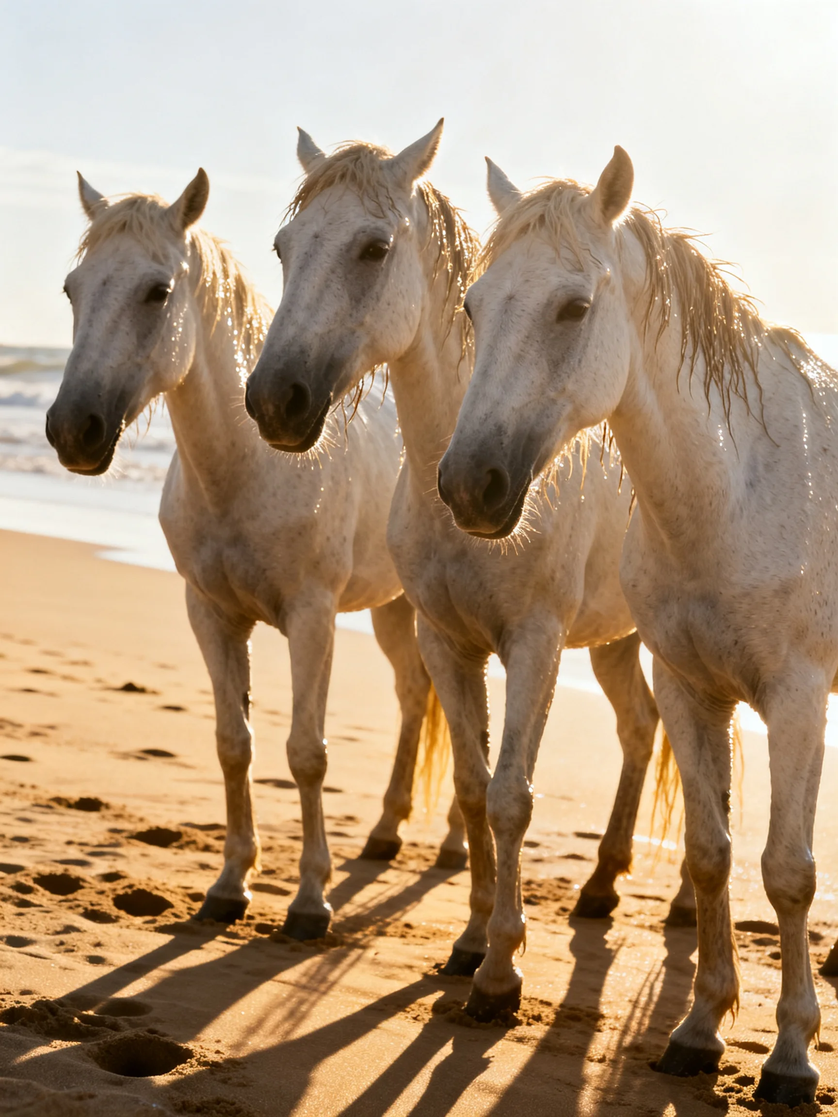 Three white horses stand on a sandy beach near the ocean