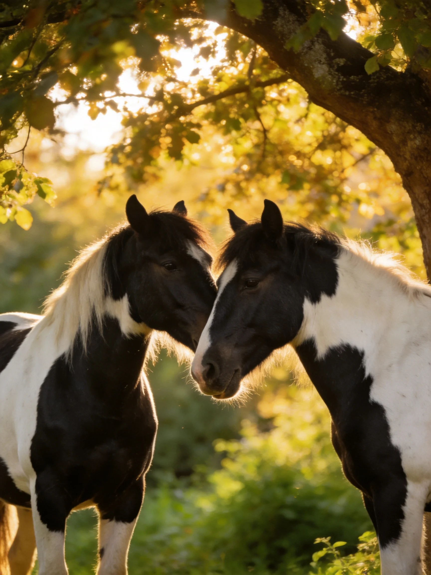 Two black-and-white horses nuzzle beneath a golden-lit tree