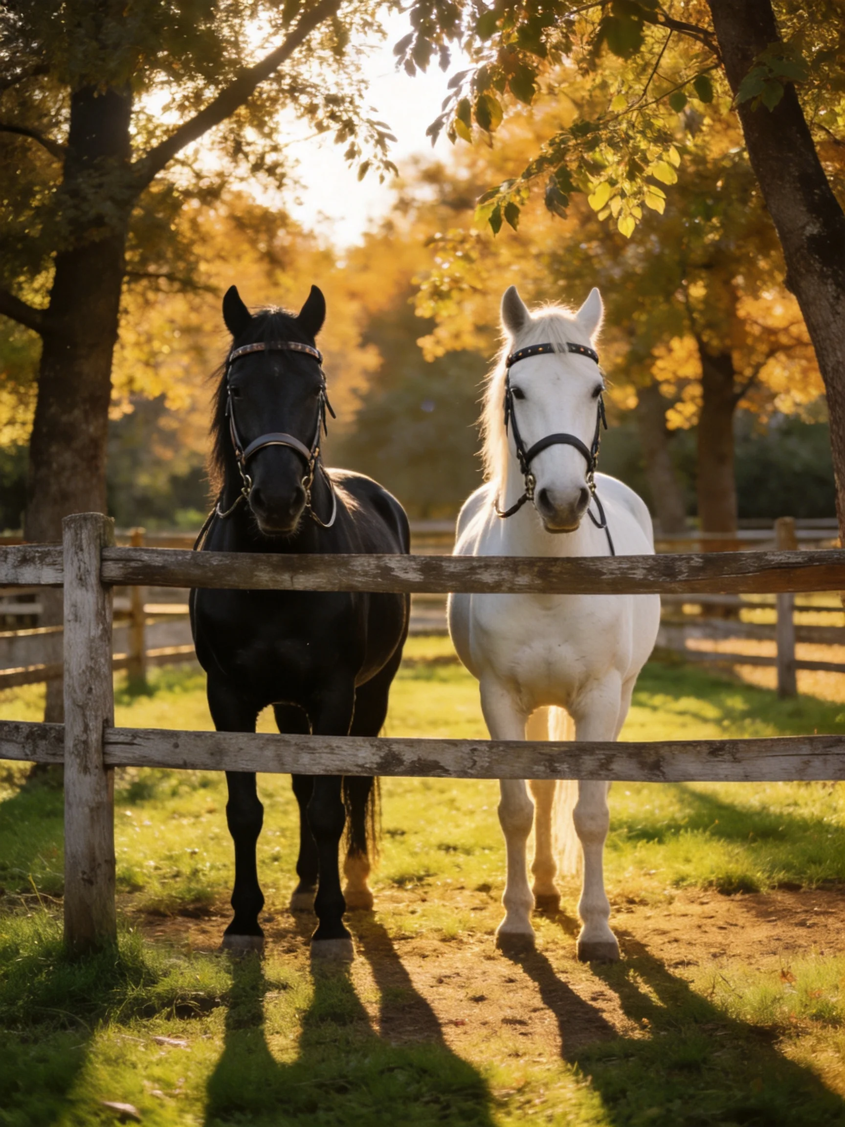 Two black and white horses stand behind a wooden fence in golden light
