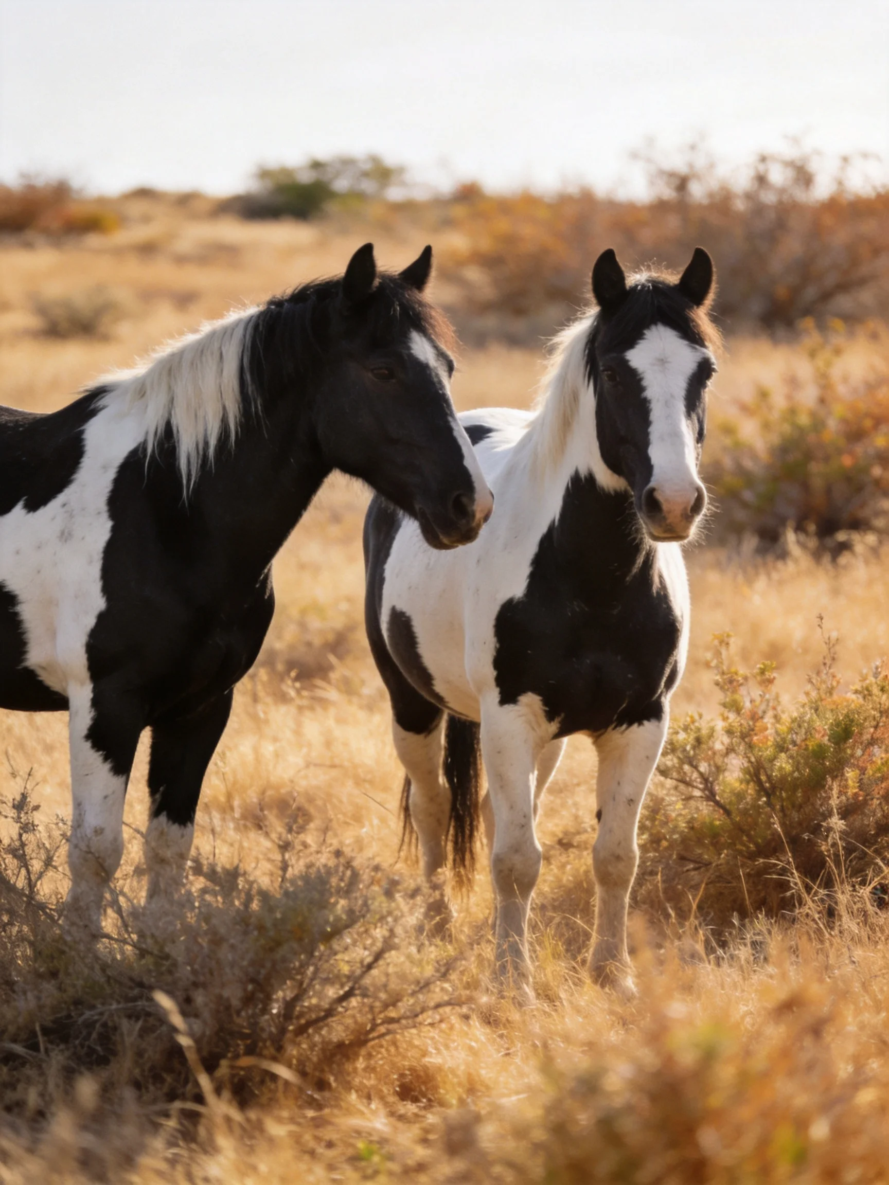 Two black and white horses stand in a sunlit field of dry grass