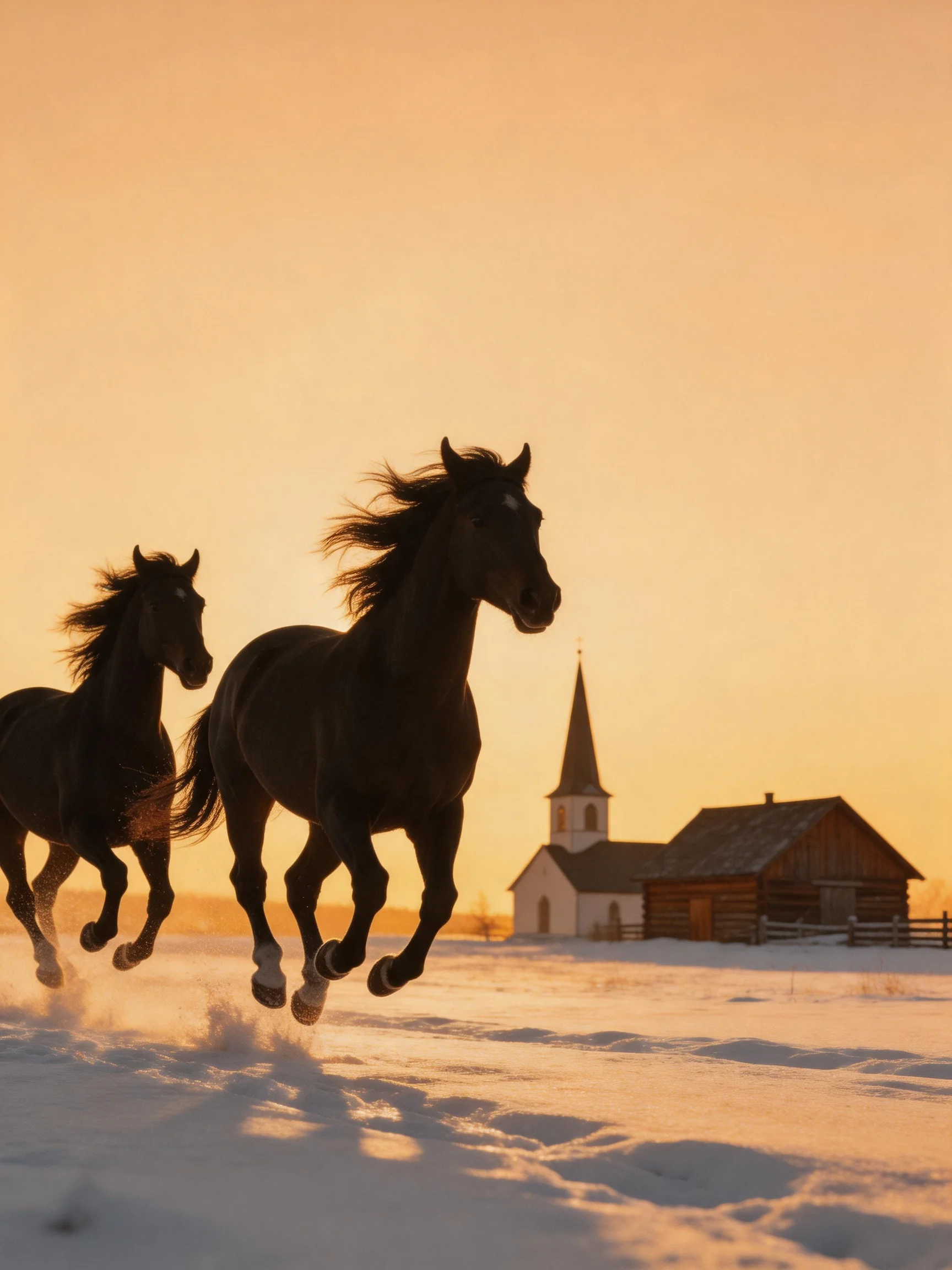 Two black horses gallop through a snowy field near a church at sunset