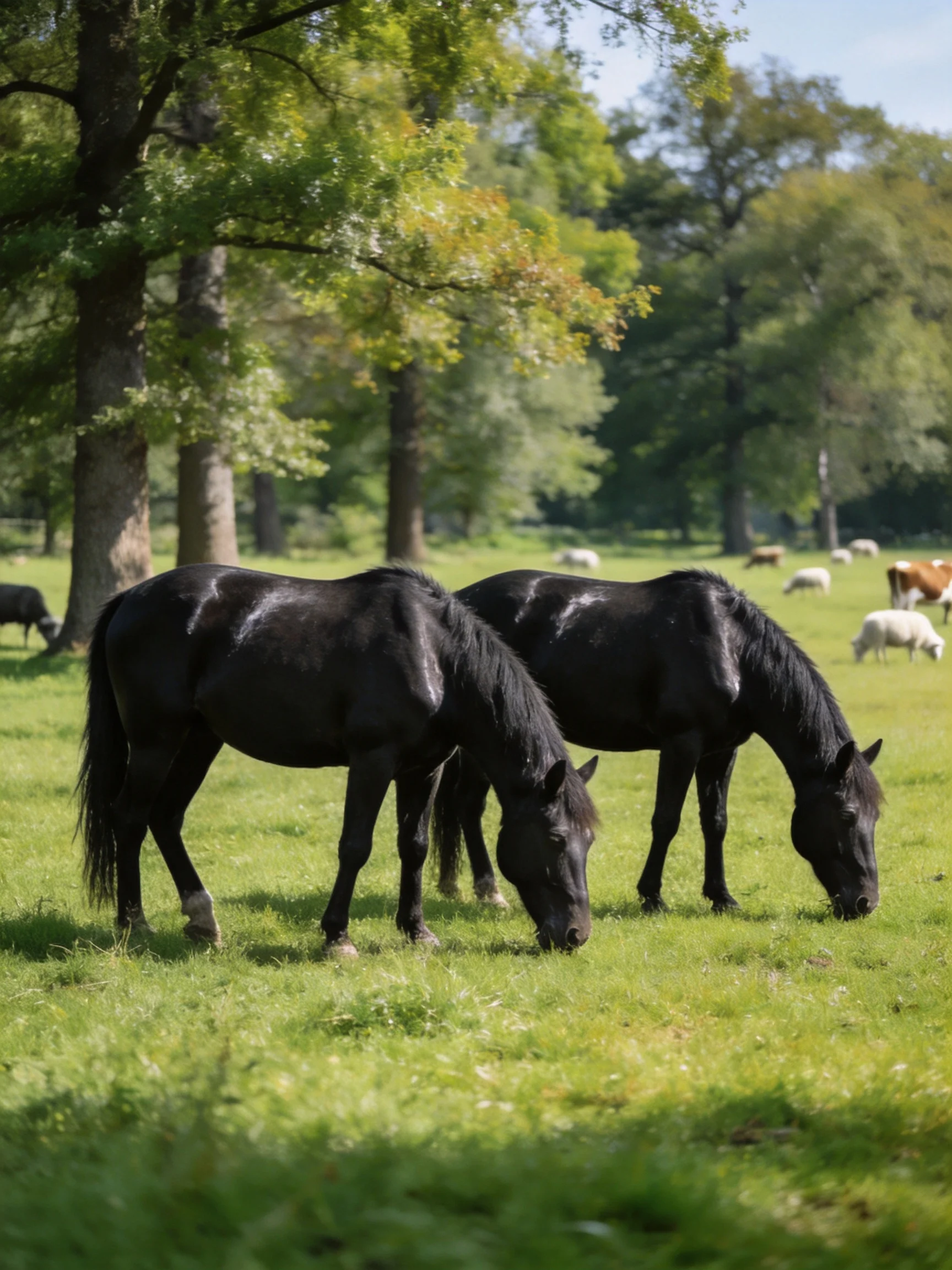Two black horses graze in a lush green meadow with distant cows