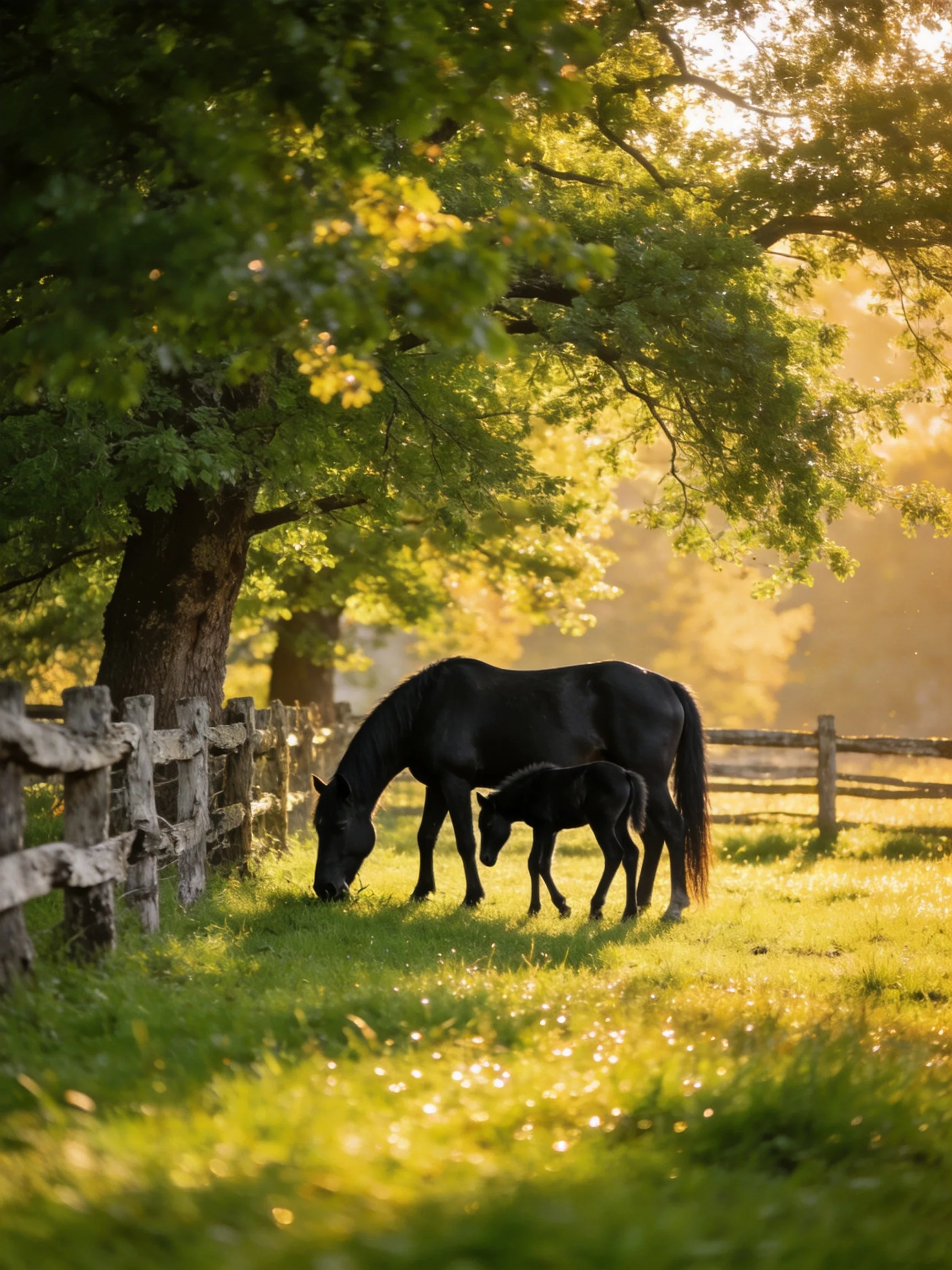 Two black horses graze near an old wooden fence under golden sunlight