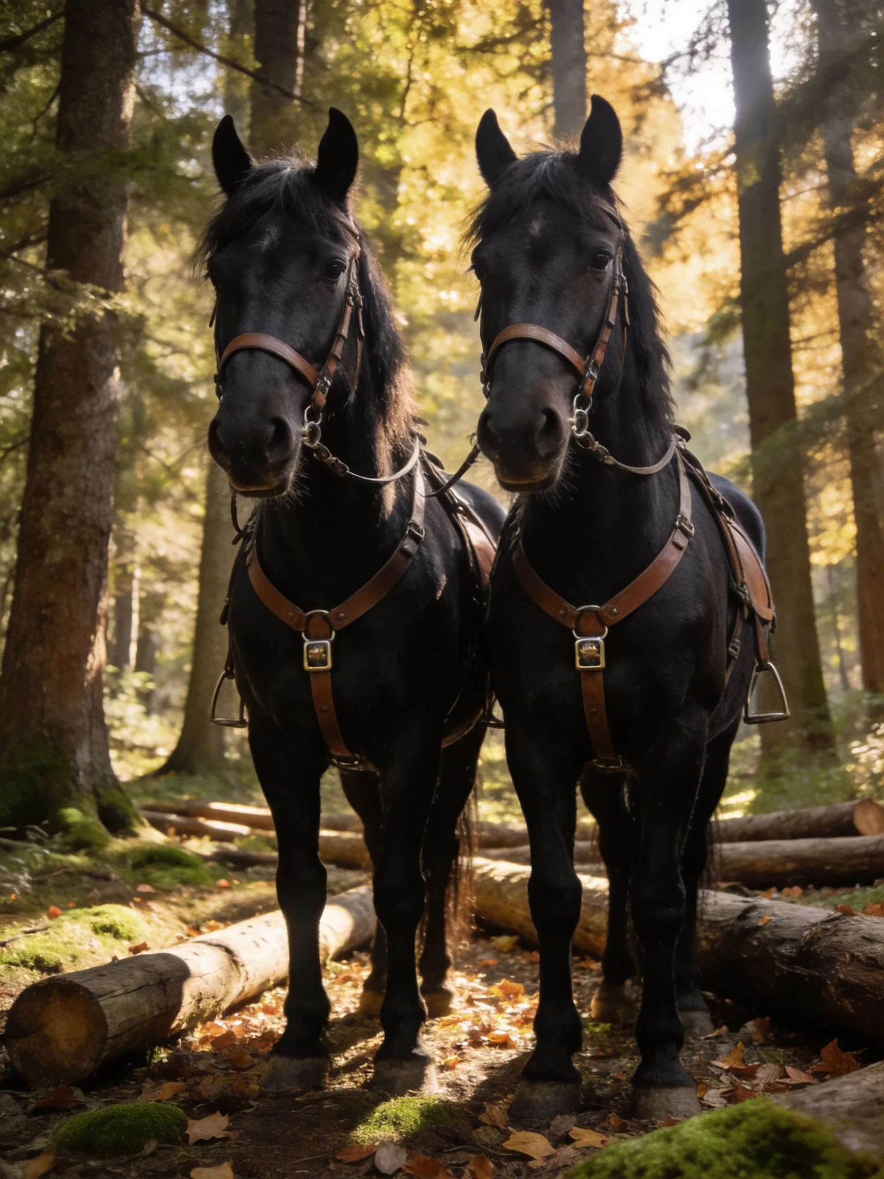 Two black horses stand side by side in a sunlit forest clearing