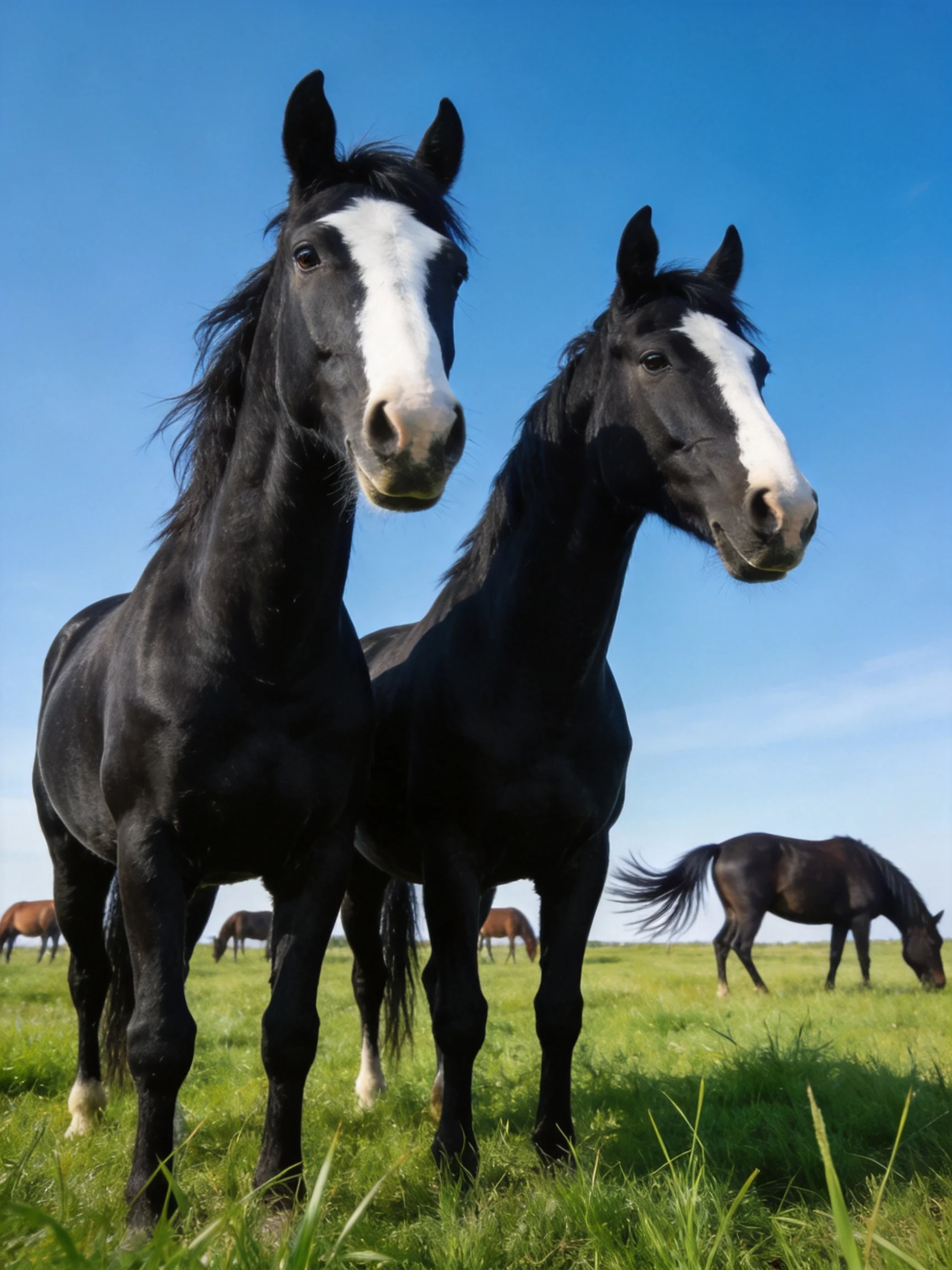 Two black horses with white faces in a sunny green meadow