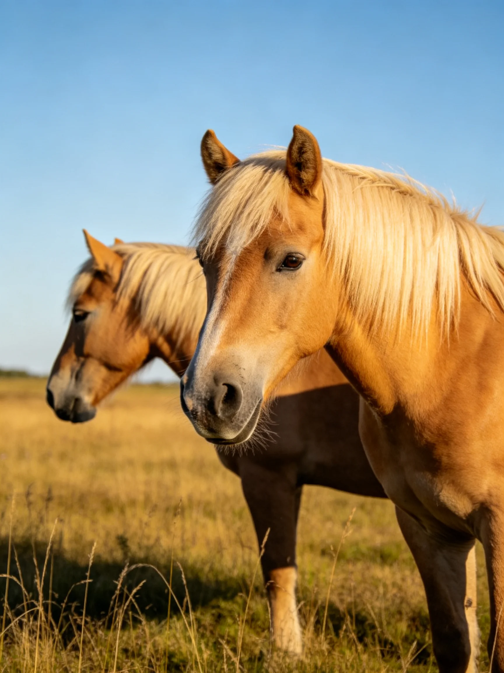 Two blonde-maned palomino horses stand in a sunlit meadow.
