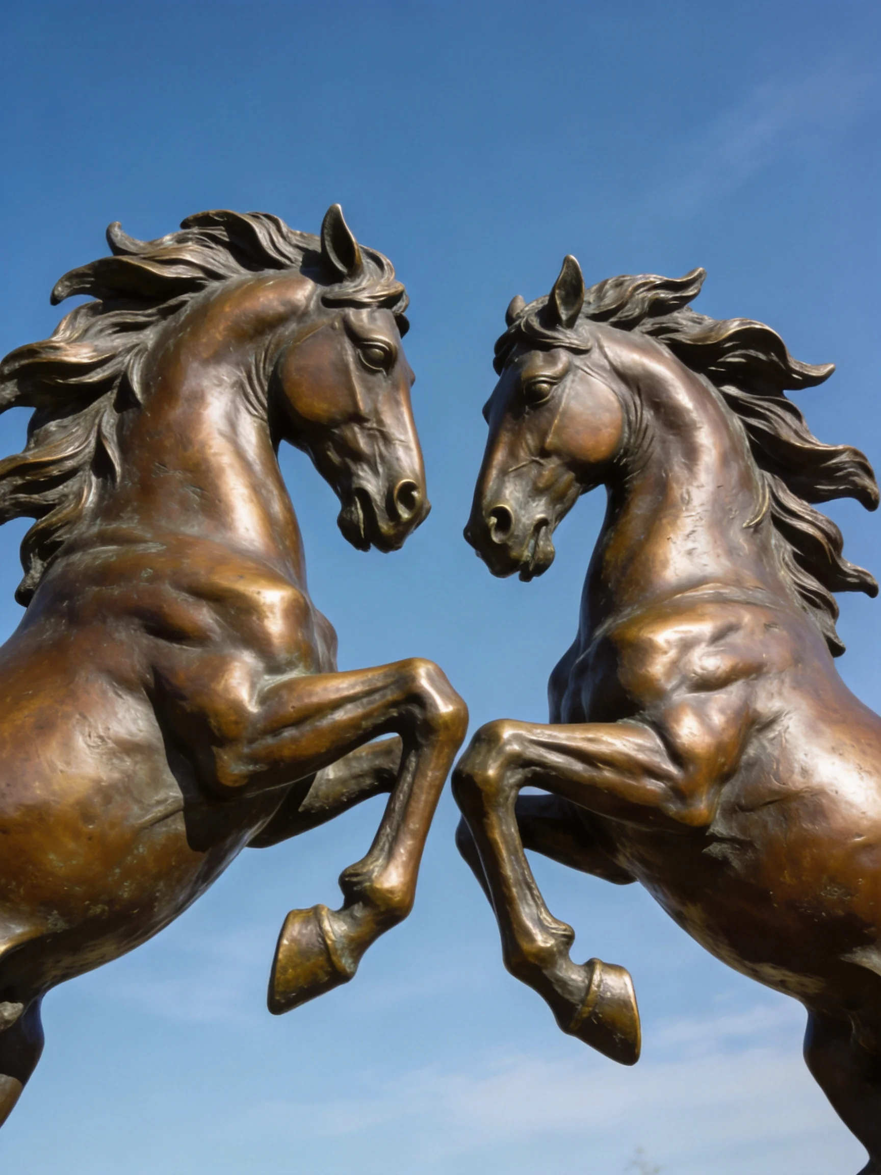 Two bronze horse statues rearing against a clear blue sky