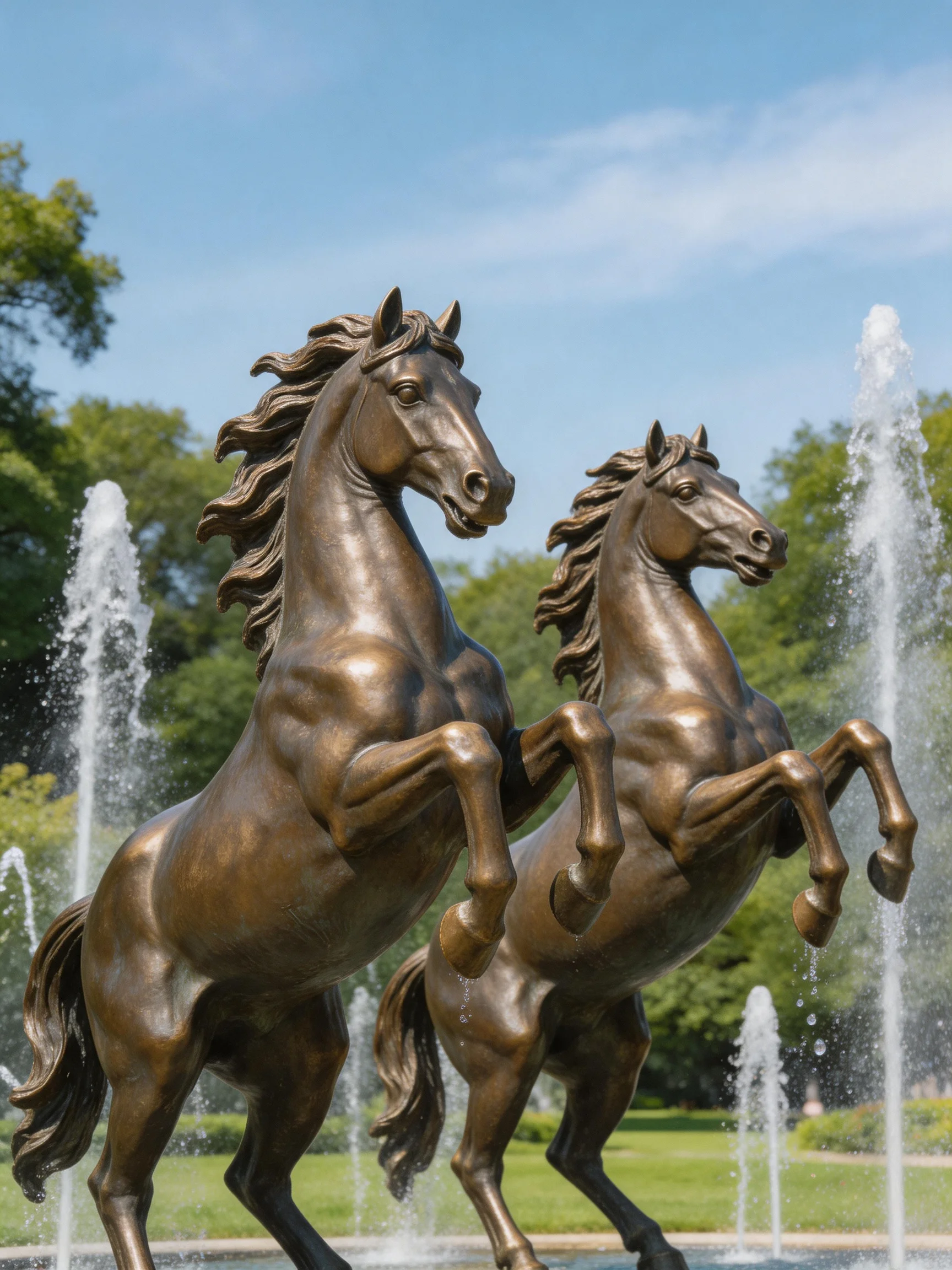 Two bronze horse statues rearing near water fountains