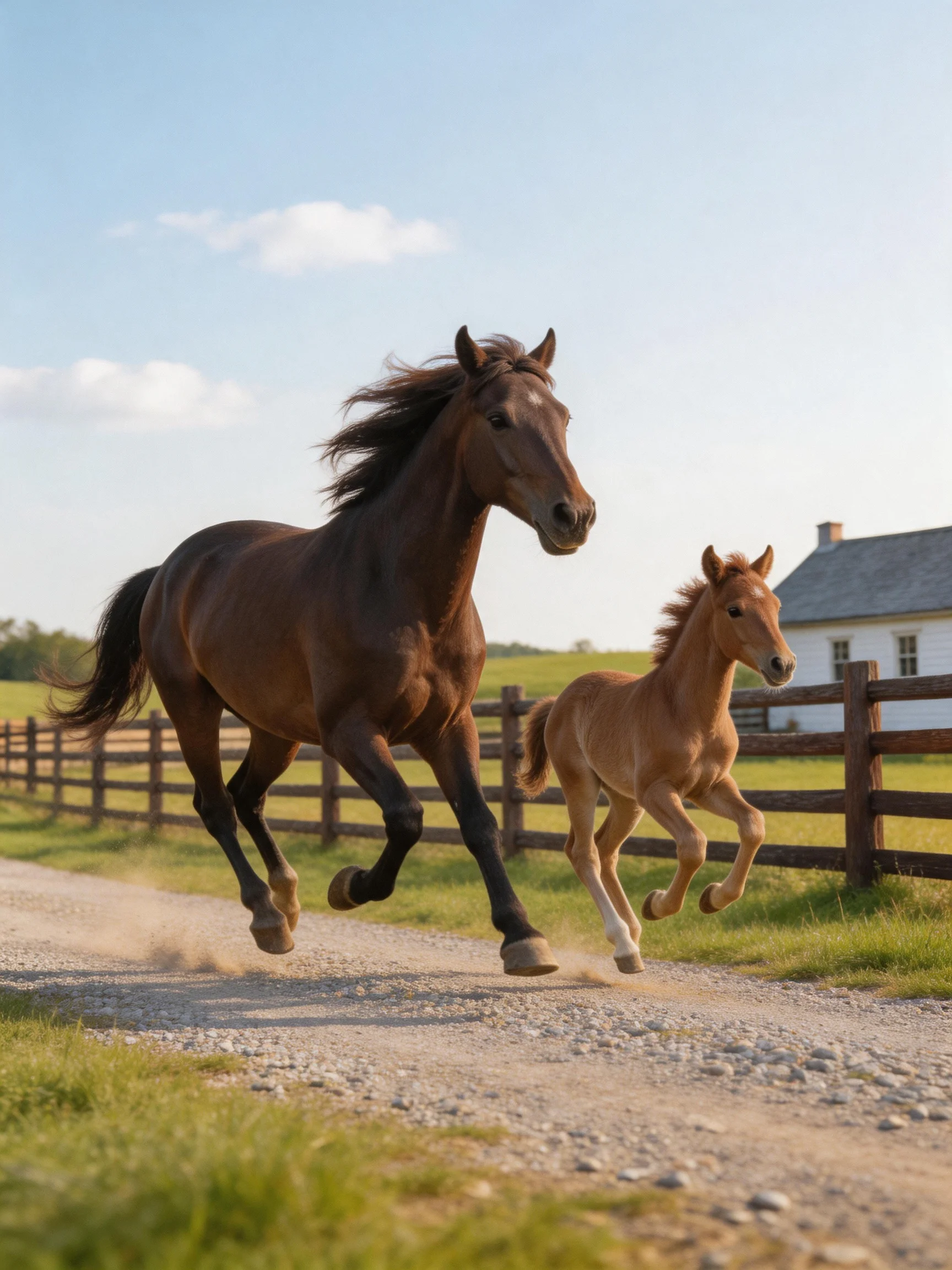 Two brown and tan horses gallop on a gravel path near a wooden fence