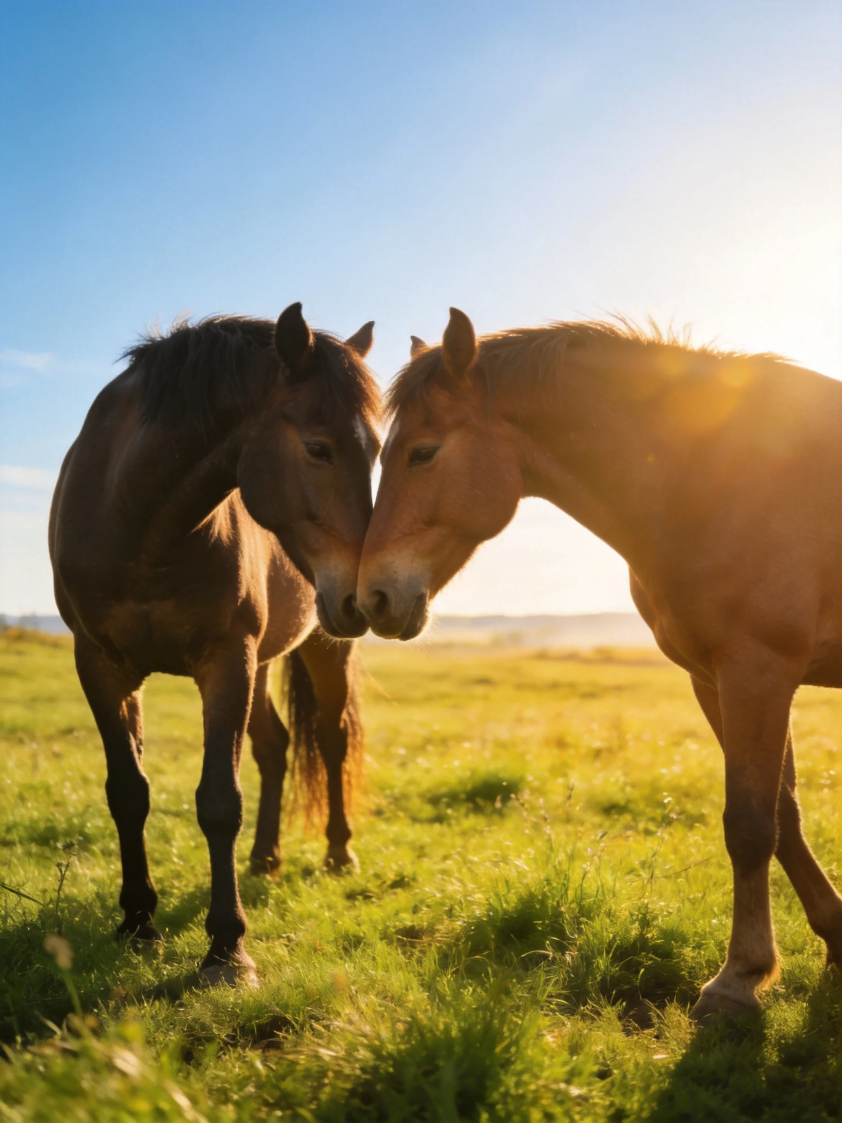 Two brown and tan horses nuzzle in a sunlit green meadow
