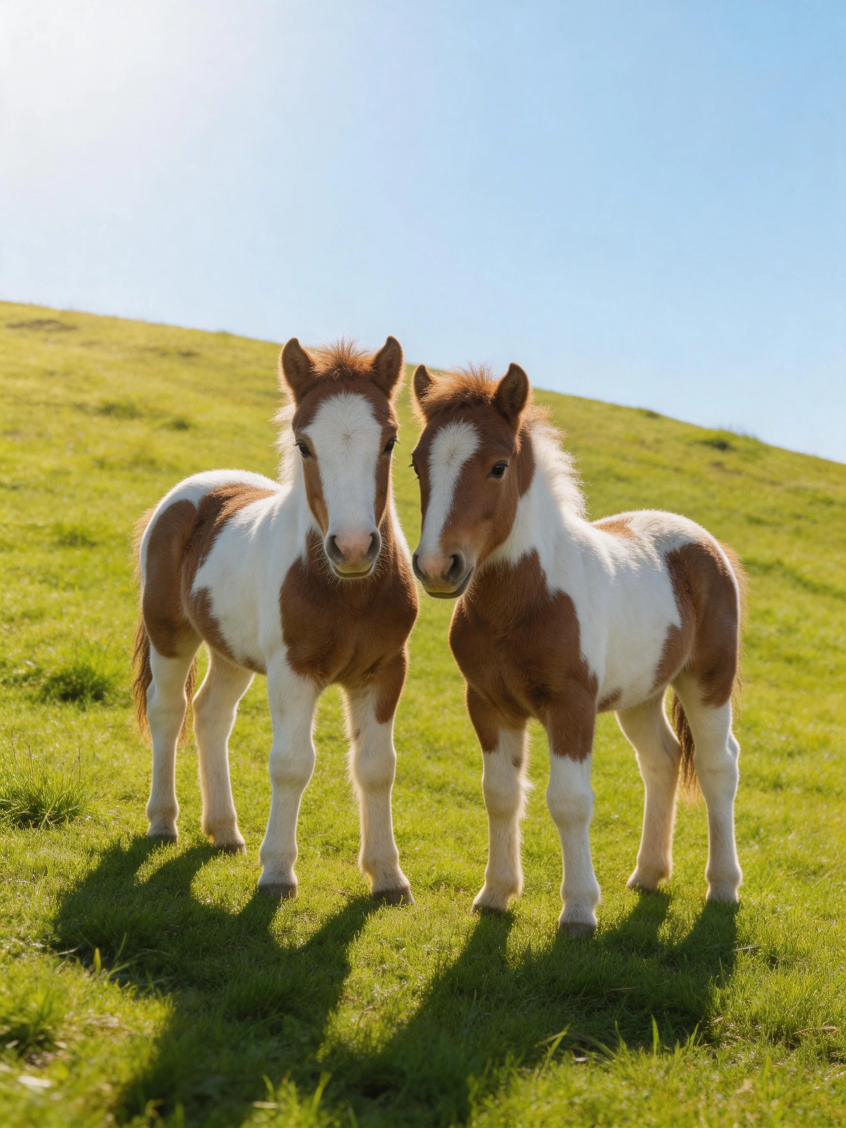 Two brown-and-white foals stand on a green hillside