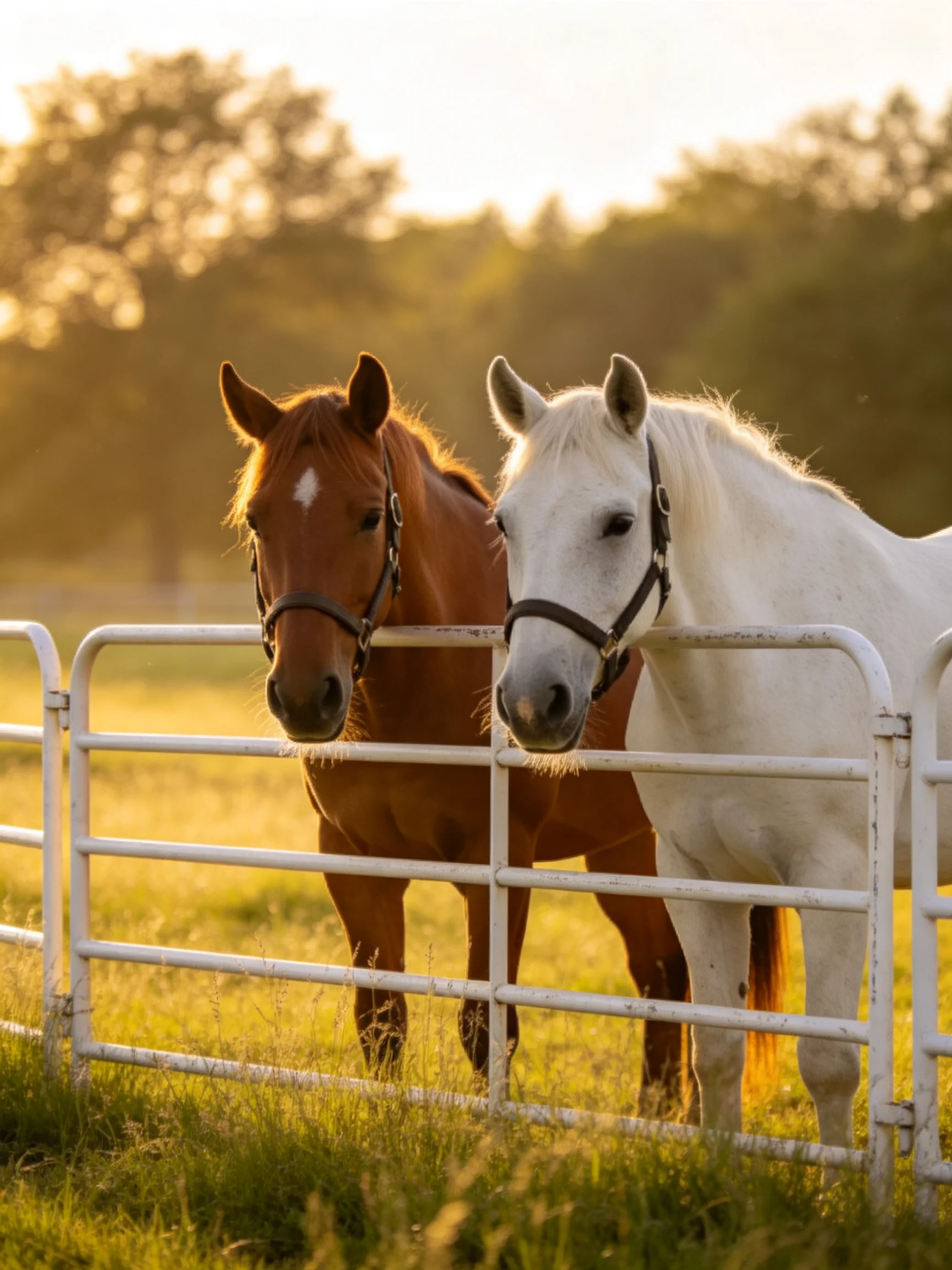 Two brown and white horses beside a metal fence in golden light