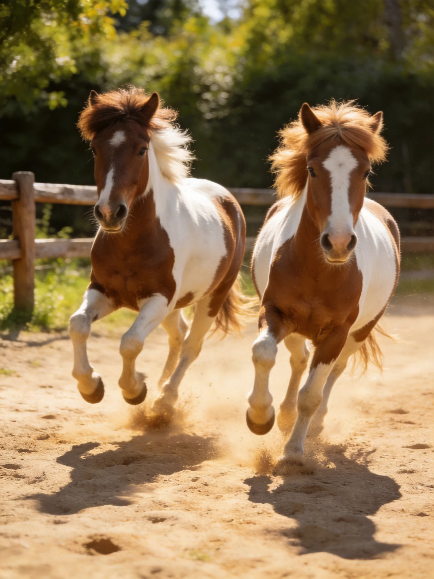 Two brown-and-white horses gallop energetically on a dusty track