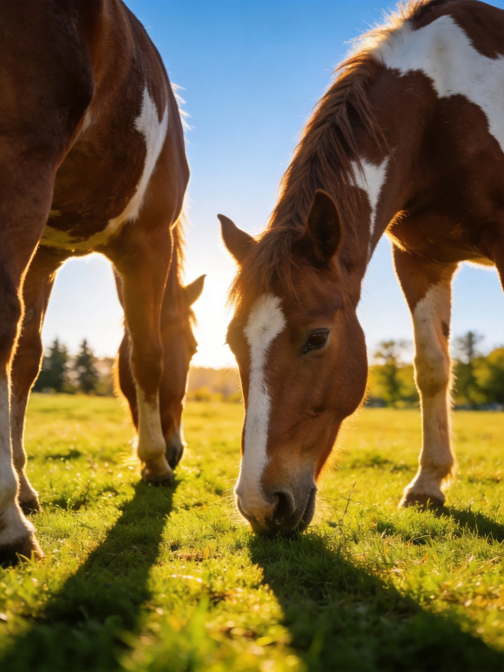 Two brown and white horses graze in a sunlitmeadow.