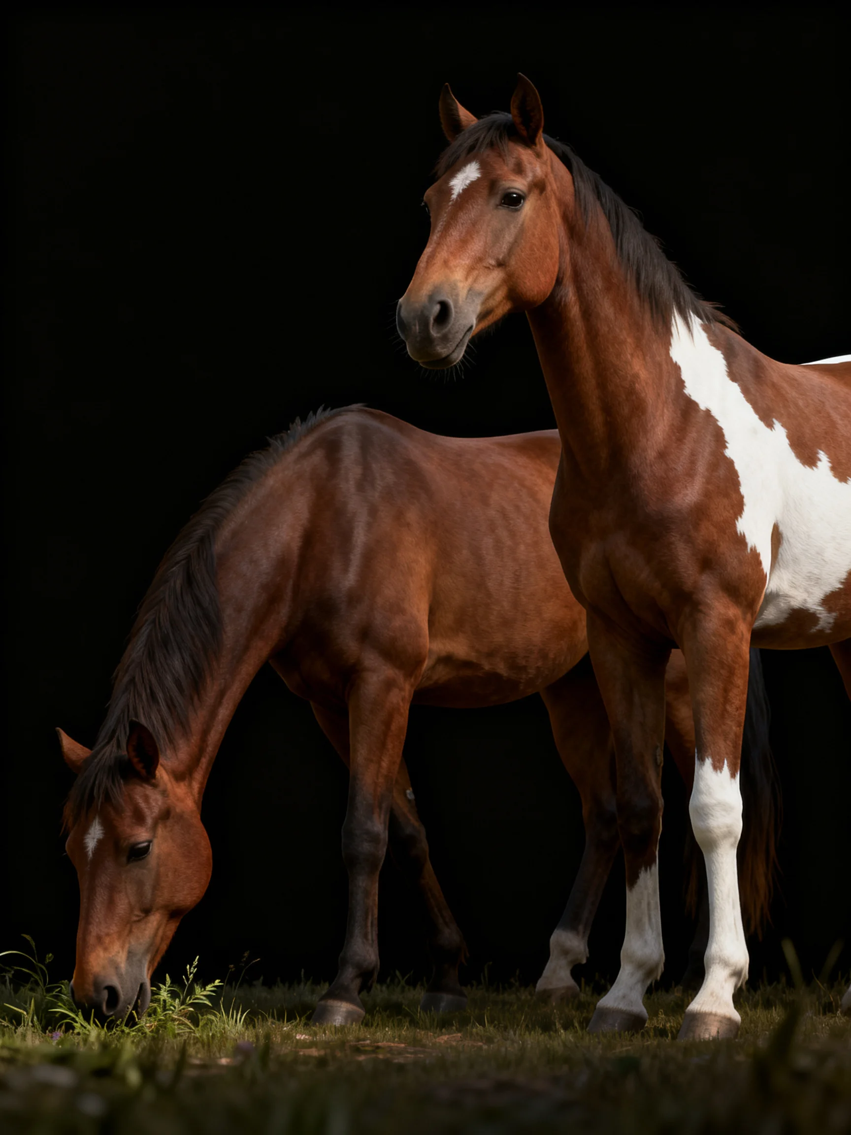 Two brown and white horses in a dark, grassy setting