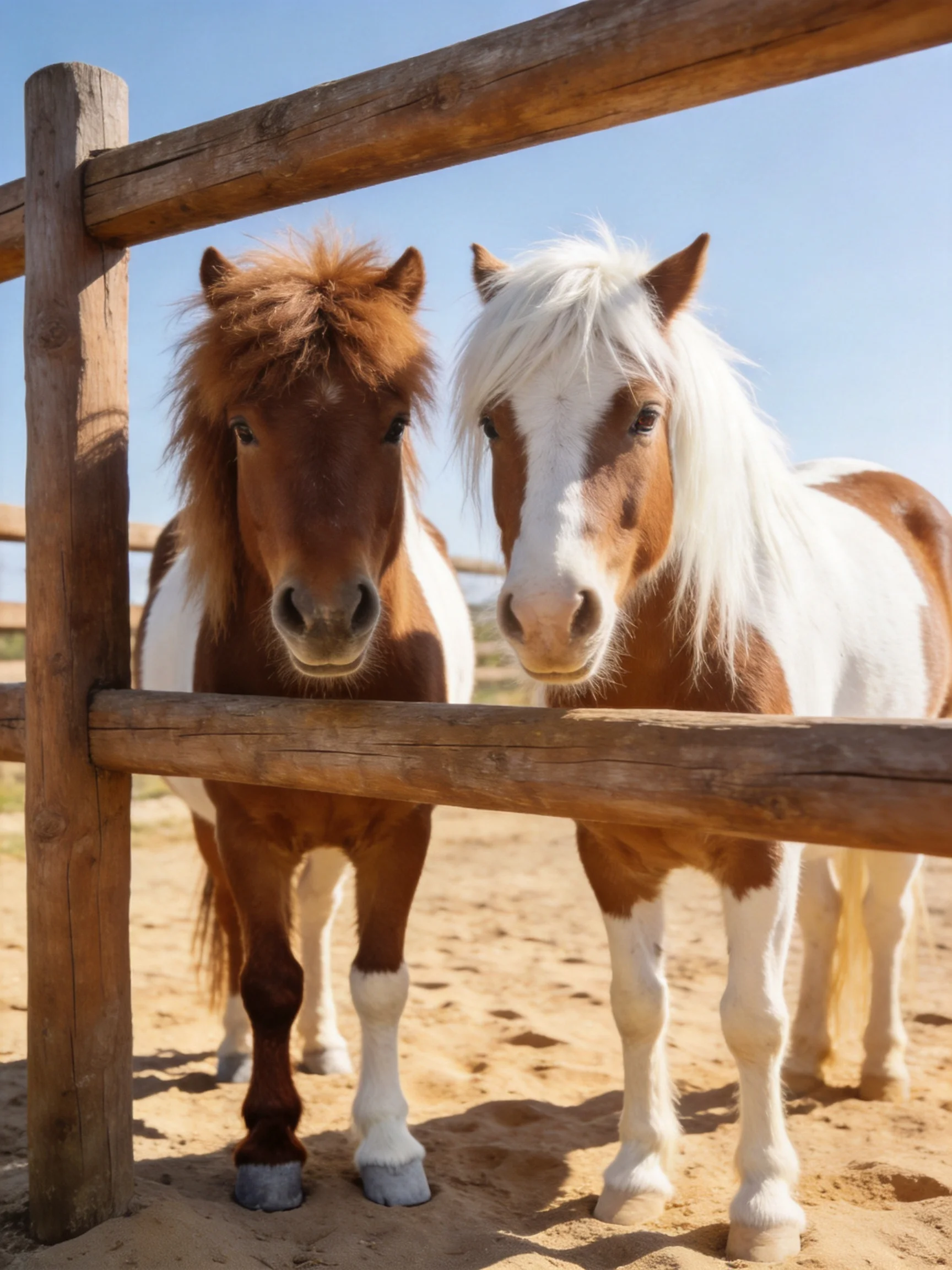Two brown and white ponies stand near a wooden fence outside.