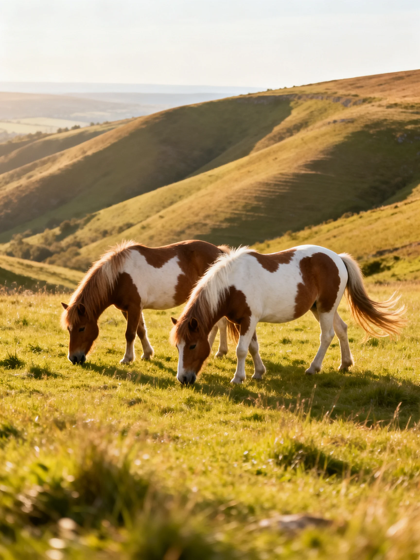 Two brown-and-white ponies graze on sunlit rolling green hills