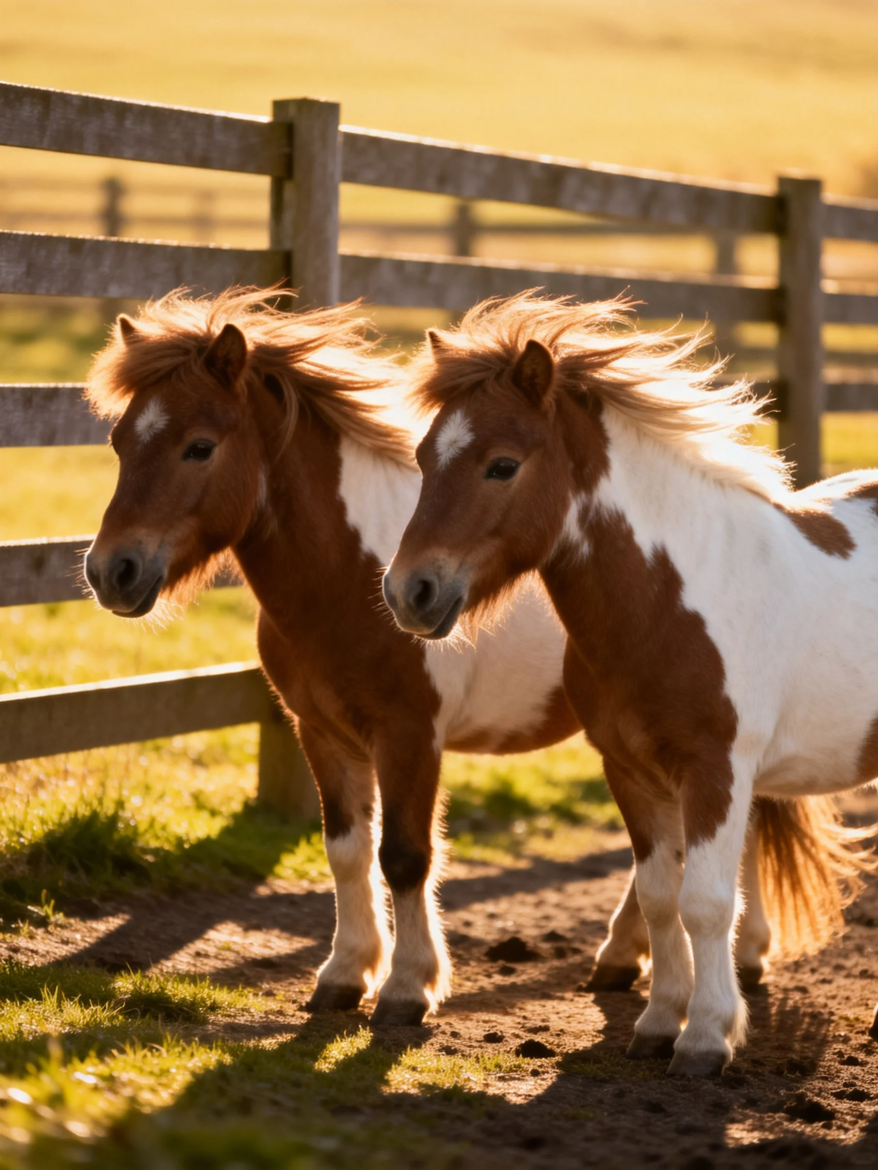 Two brown and white ponies near a wooden fence in golden light