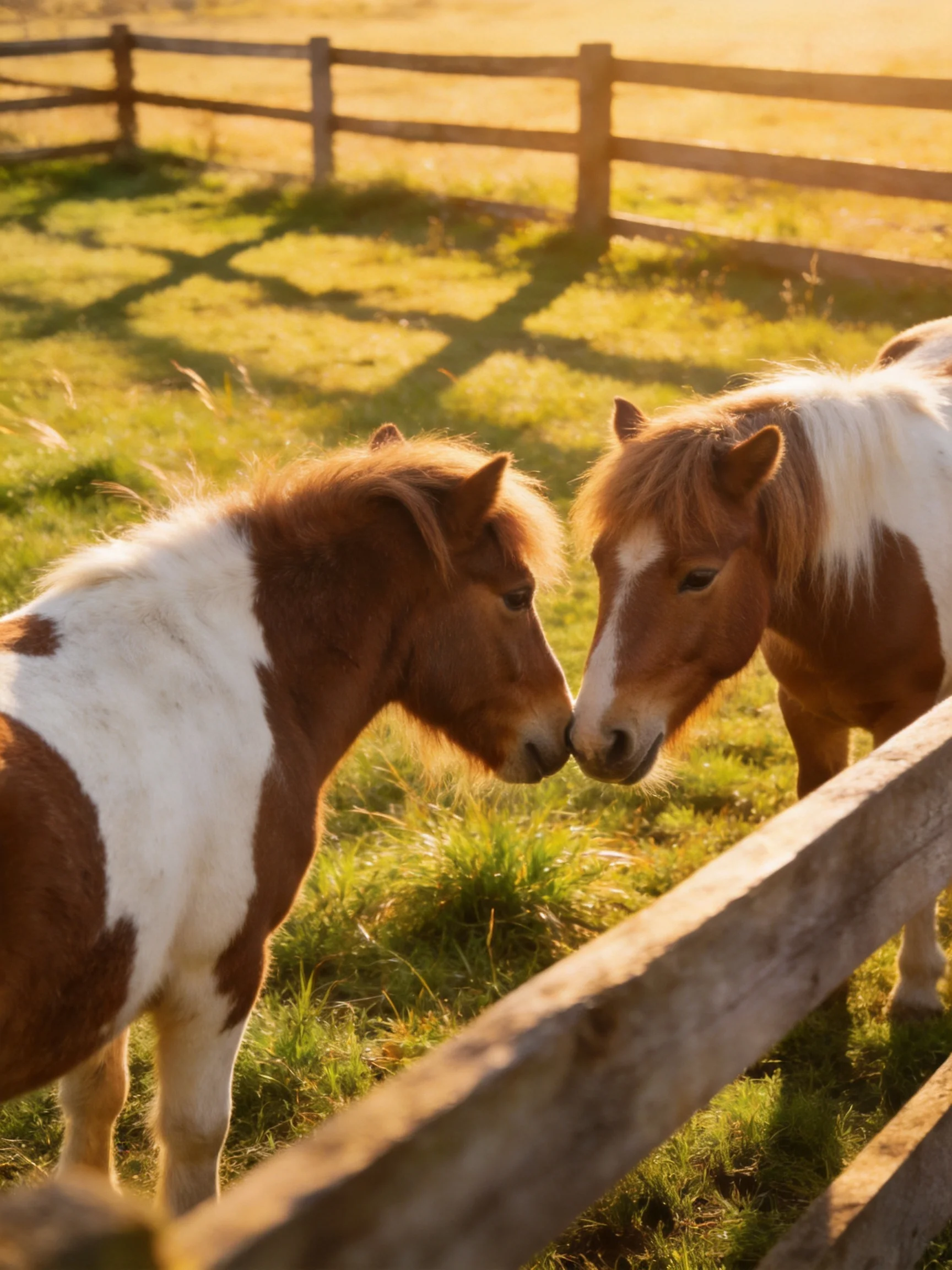 Two brown-and-white ponies nuzzle together beside a wooden fence in a sunlit field.